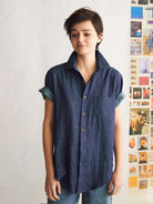 Indigo Hemp Denim, burnt olivewood buttons The Studio Shirt Womens Woven Short Sleeve Shirt Naomi Nomi