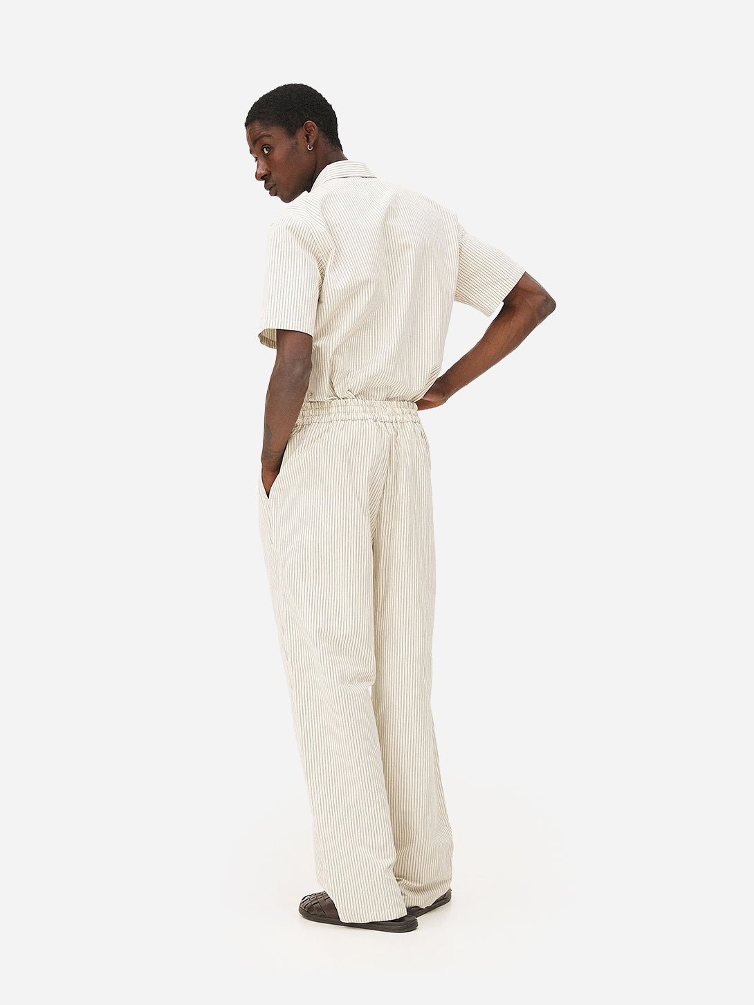 Ecru Stripe Helio Pant Mens Drawstring Lightweight Striped Pants Pleated Noyoco Clothing