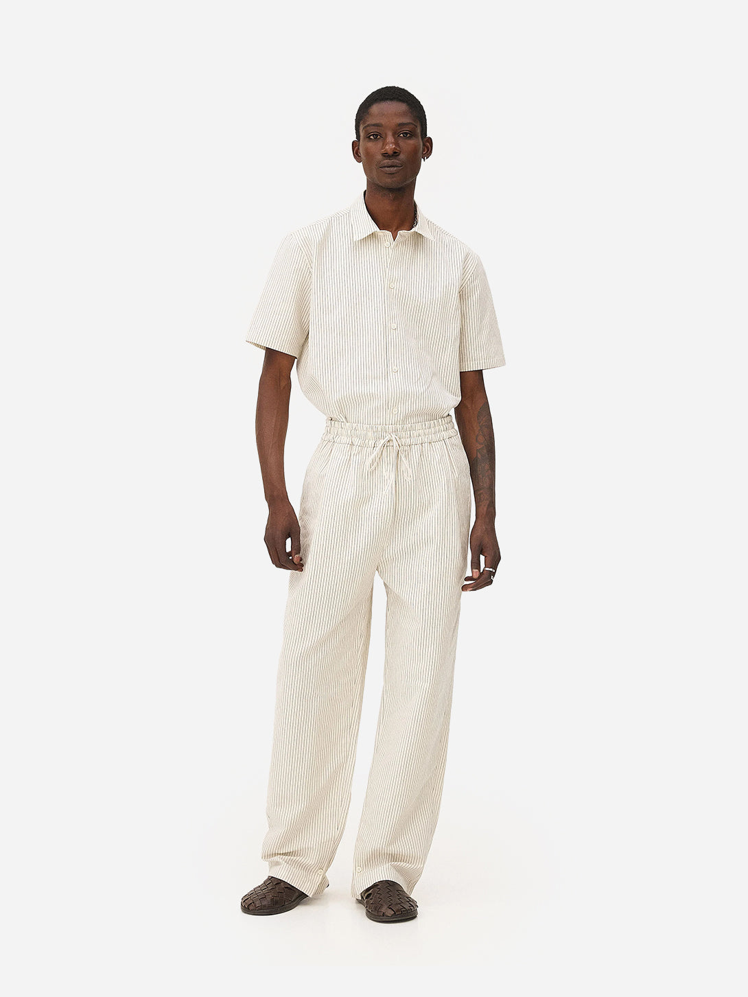 Ecru Stripe Helio Pant Mens Drawstring Lightweight Striped Pants Pleated Noyoco Clothing