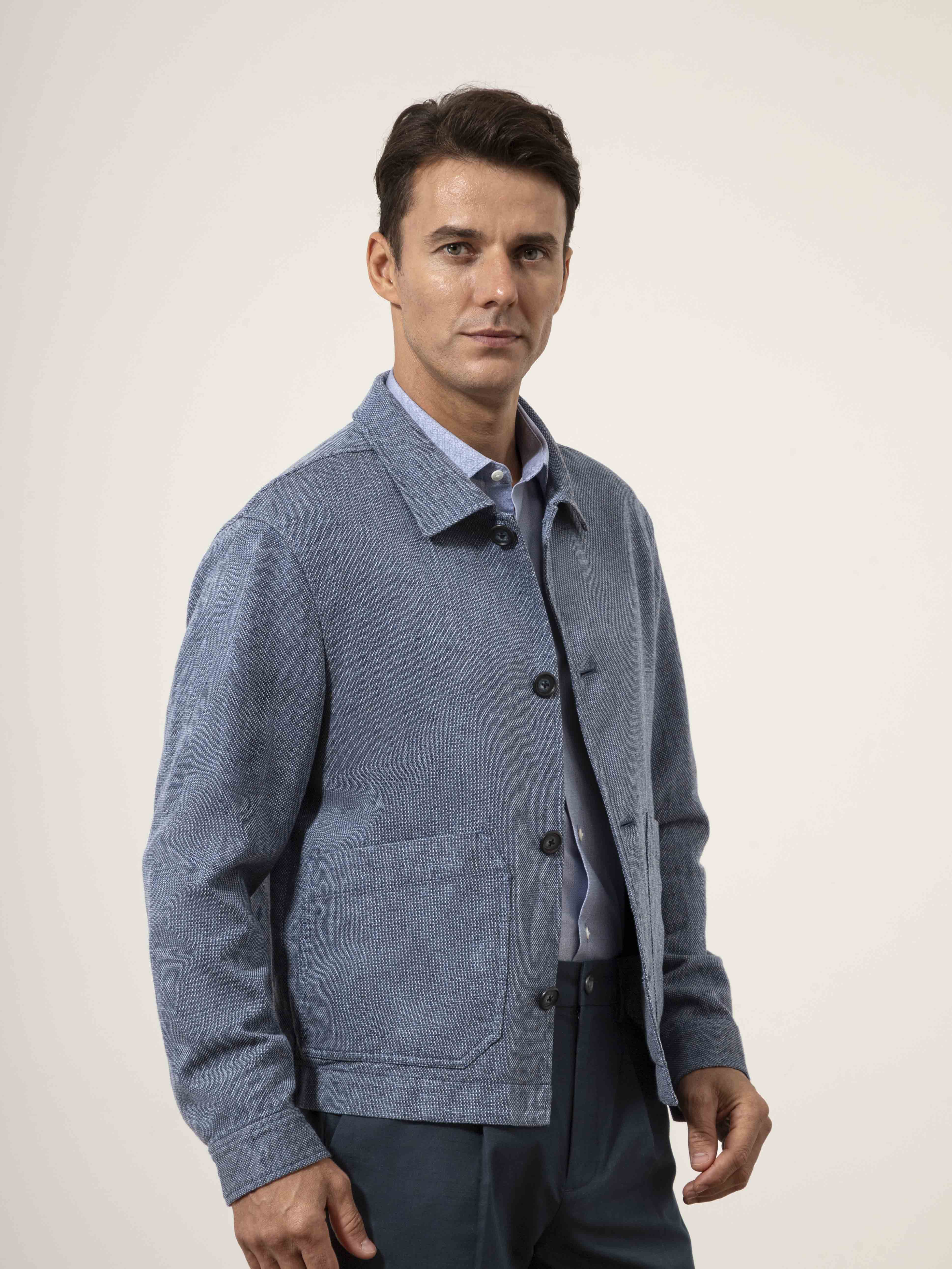 Iron Blue The Hawthorn Hopsack Summer Jacket Mens Soft Textured Layering Button Up Collared Jacket 