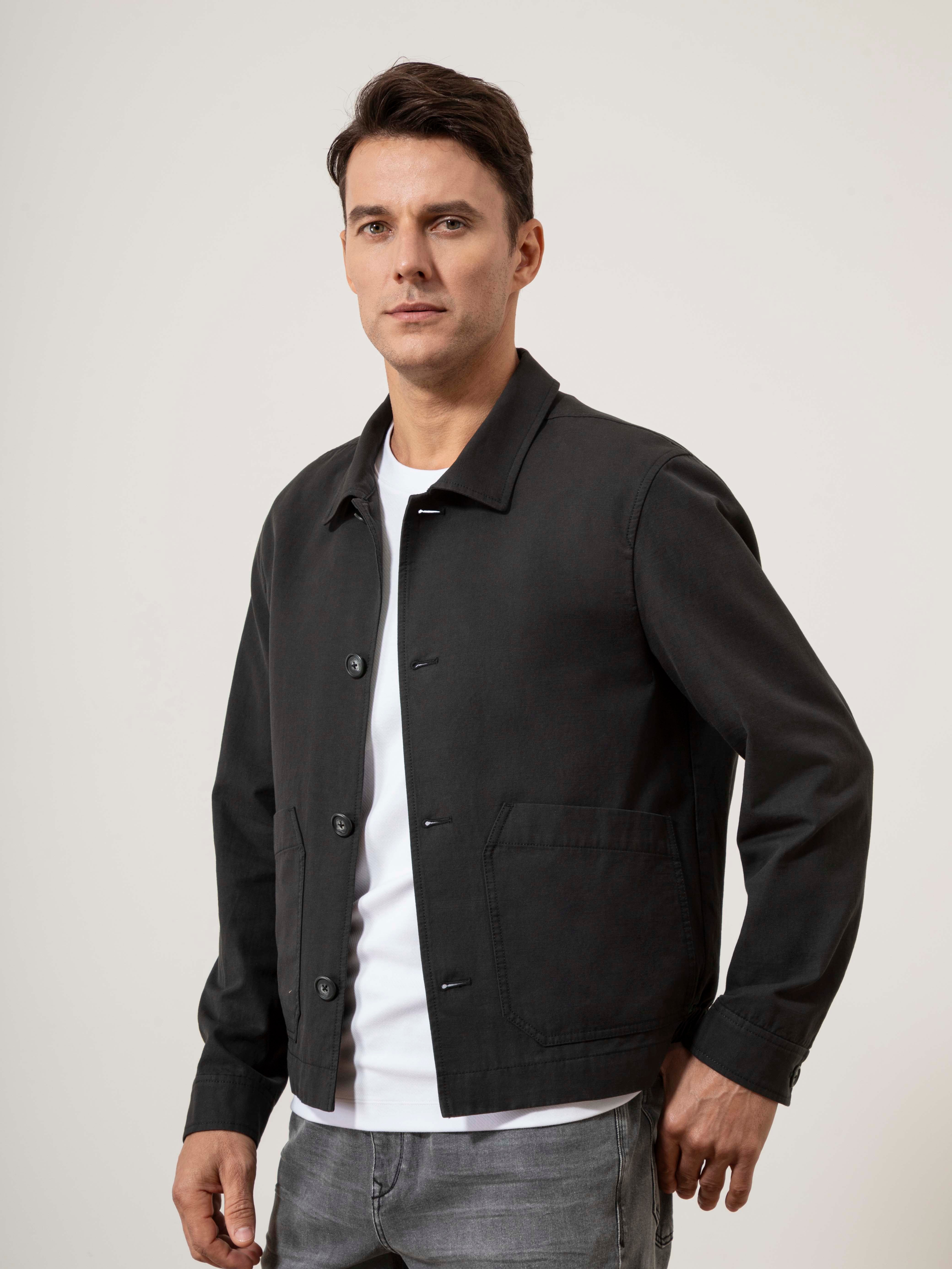 Black Hawthorn Cotton Linen Jacket Mens Mid Weight Layering Jacket Button Up Collared