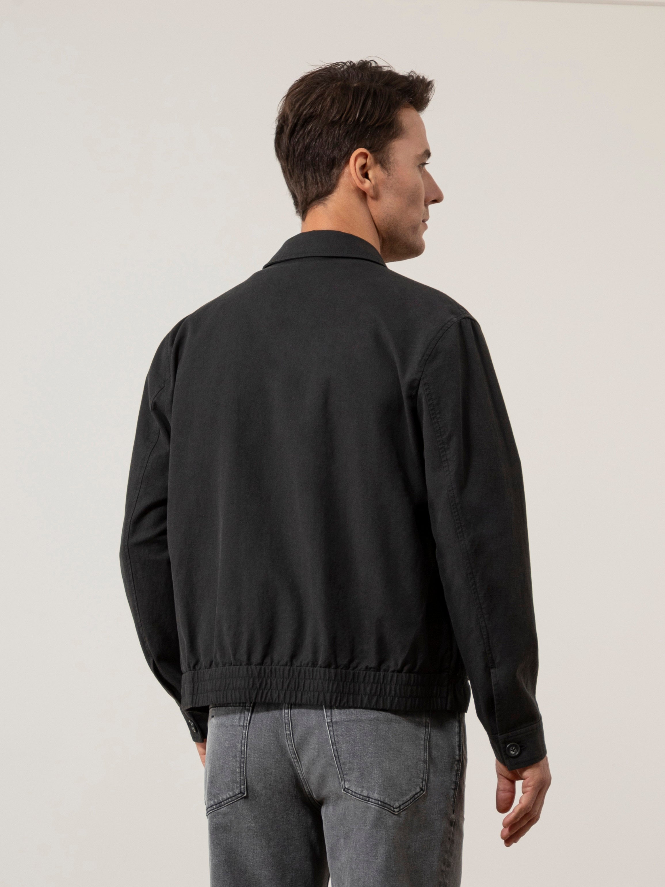 Black Hawthorn Cotton Linen Jacket Mens Mid Weight Layering Jacket Button Up Collared