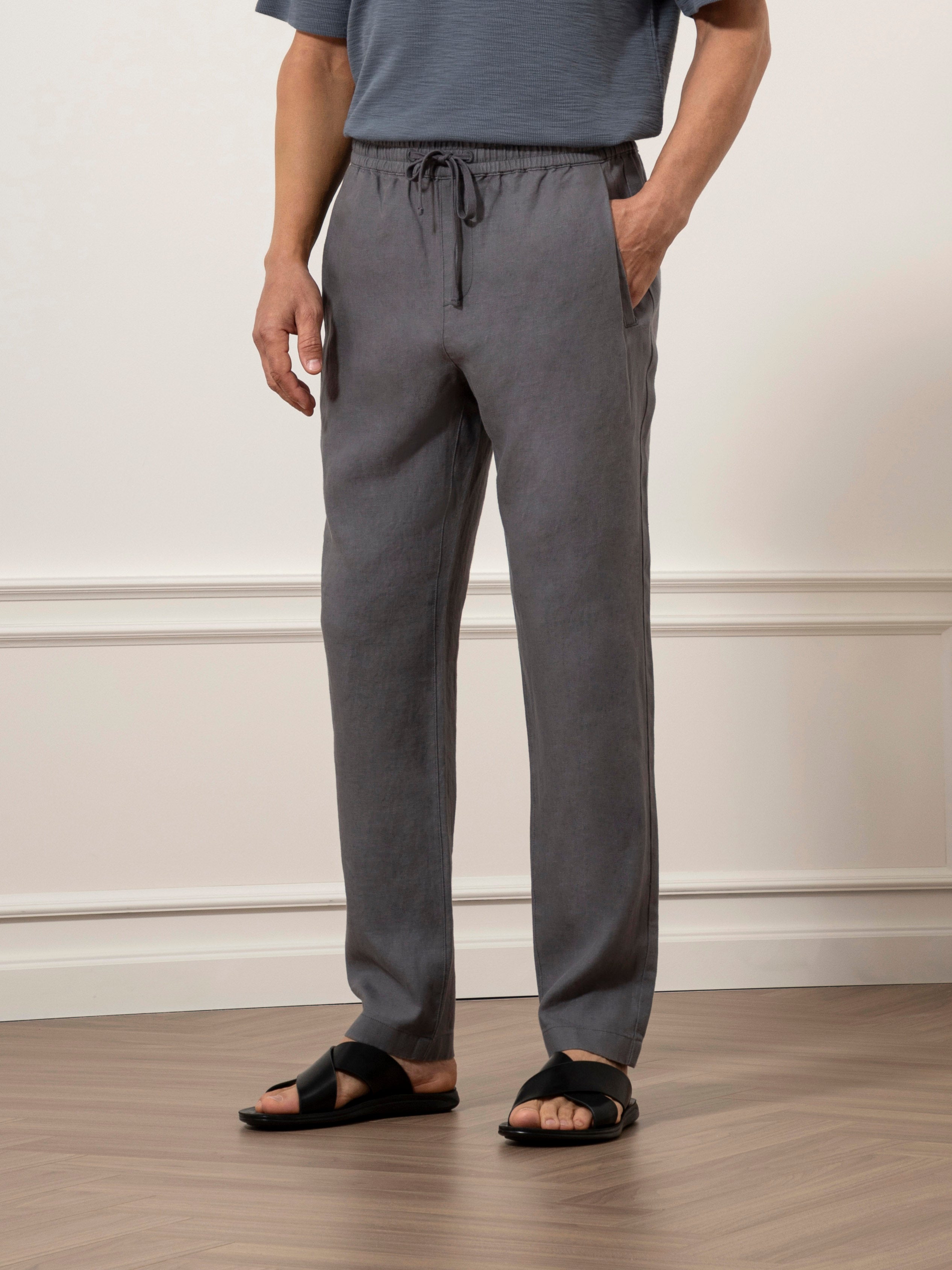 Forged Iron Ward Washed Linen Trousers Mens Linen Drawstring Pants Summer Pants 