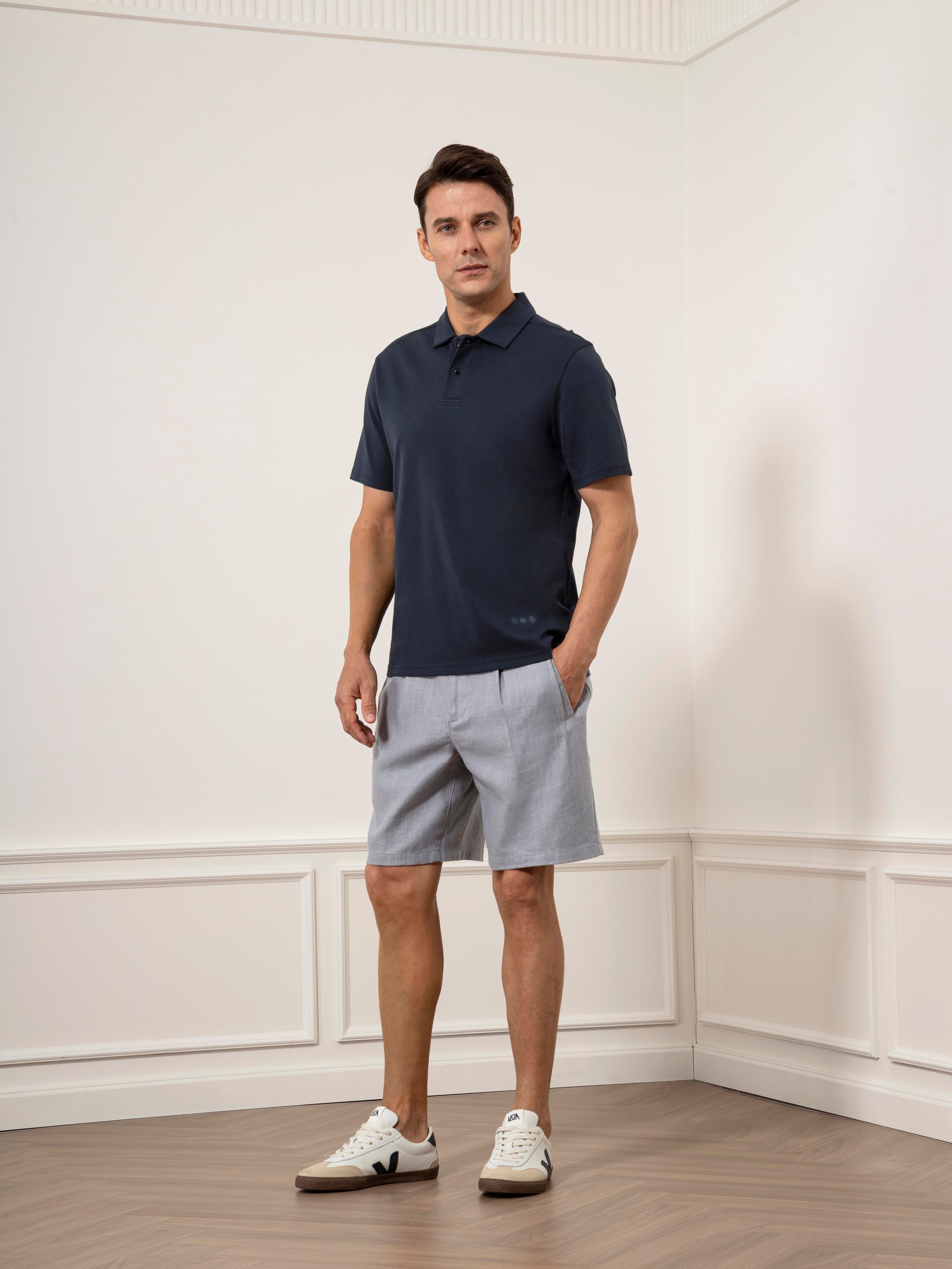 Steel Blue Modern Ramie Cotton Shorts Mens Pleated Blue Chino Shorts 