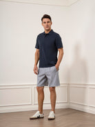 Steel Blue Modern Ramie Cotton Shorts Mens Pleated Blue Chino Shorts 