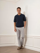 Navy Lind Textured Sweater Polo Mens Slub Waffle Collared Polo Shirt 