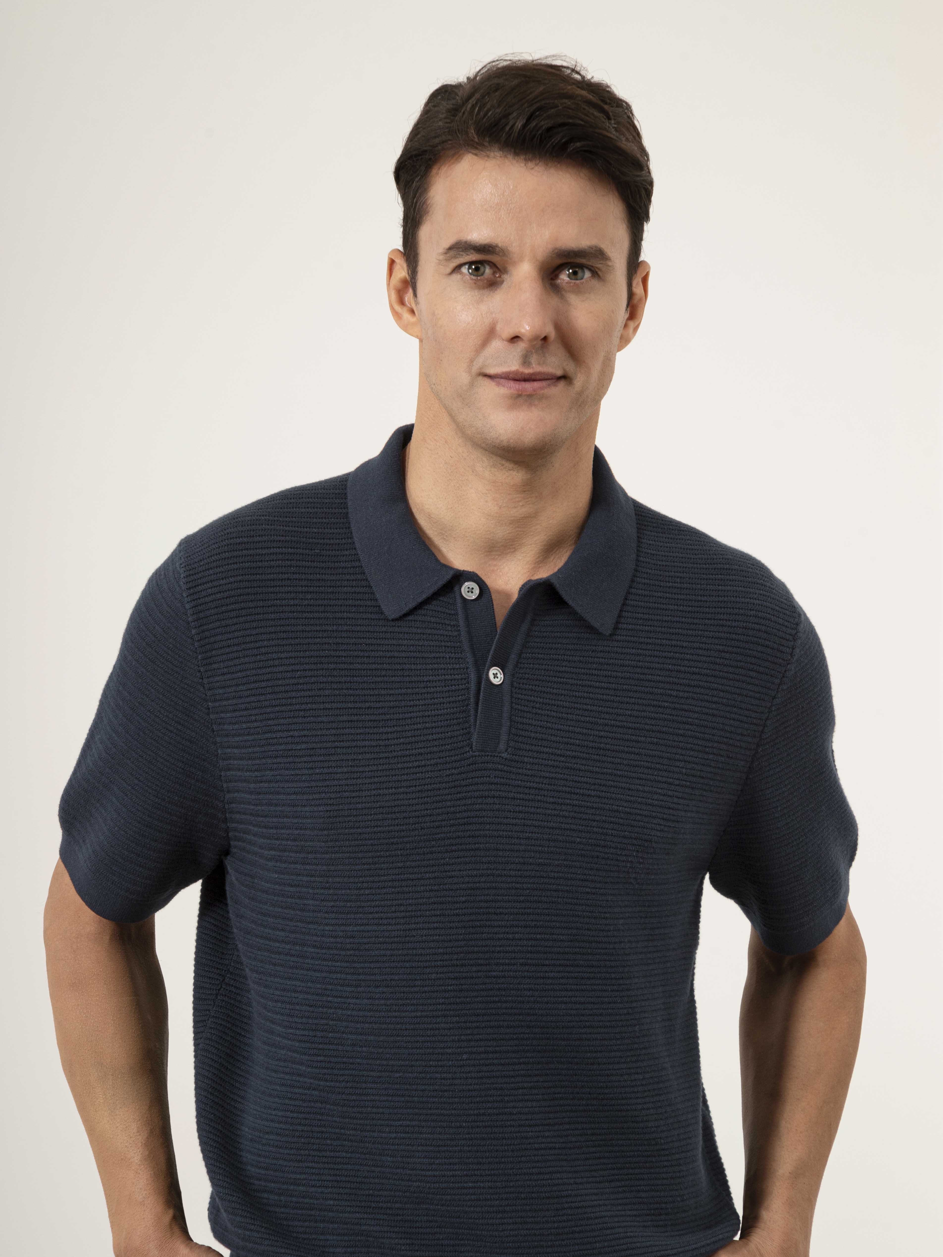 Navy Lind Textured Sweater Polo Mens Slub Waffle Collared Polo Shirt 