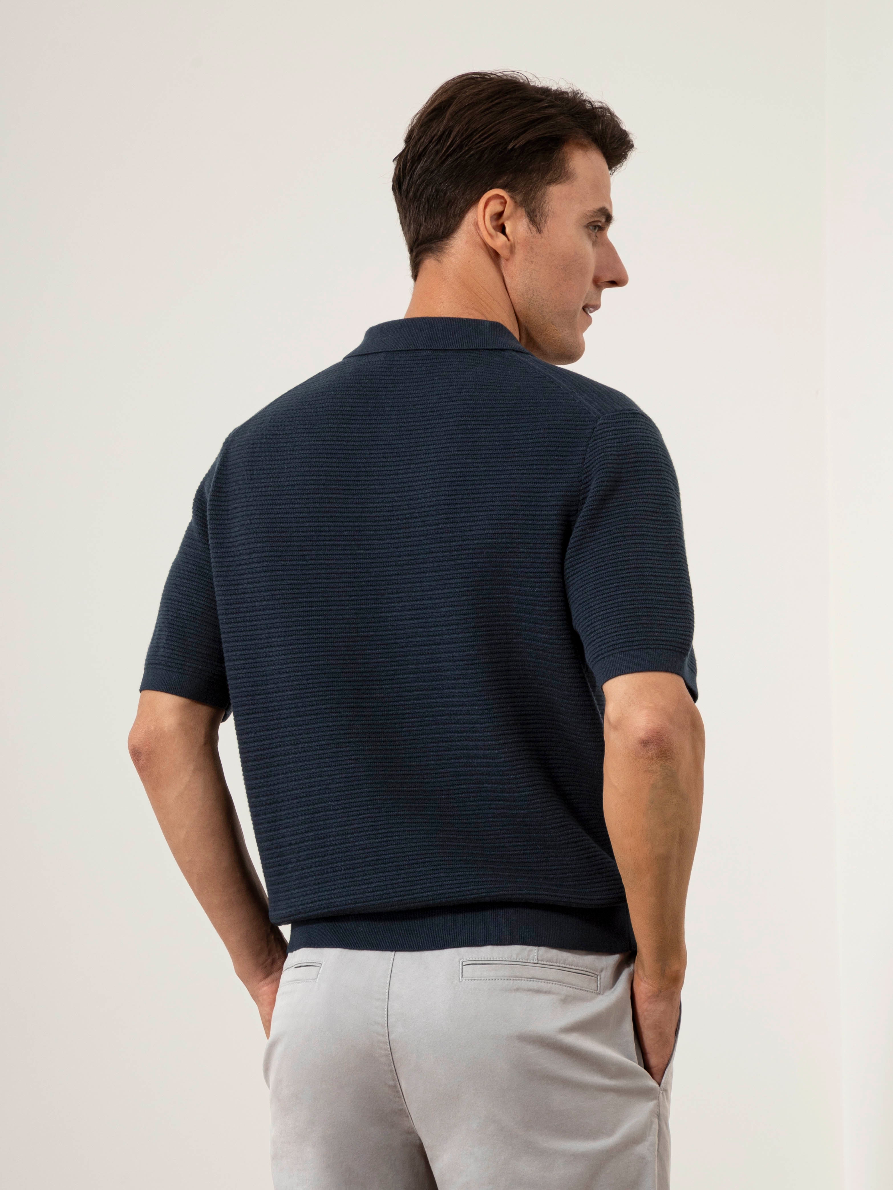 Navy Lind Textured Sweater Polo Mens Slub Waffle Collared Polo Shirt 