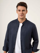 Dk Navy Aleks Linen Shirt Mens Band Collar Linen Button Up Dress Shirt 