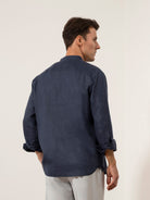 Dk Navy Aleks Linen Shirt Mens Band Collar Linen Button Up Dress Shirt 