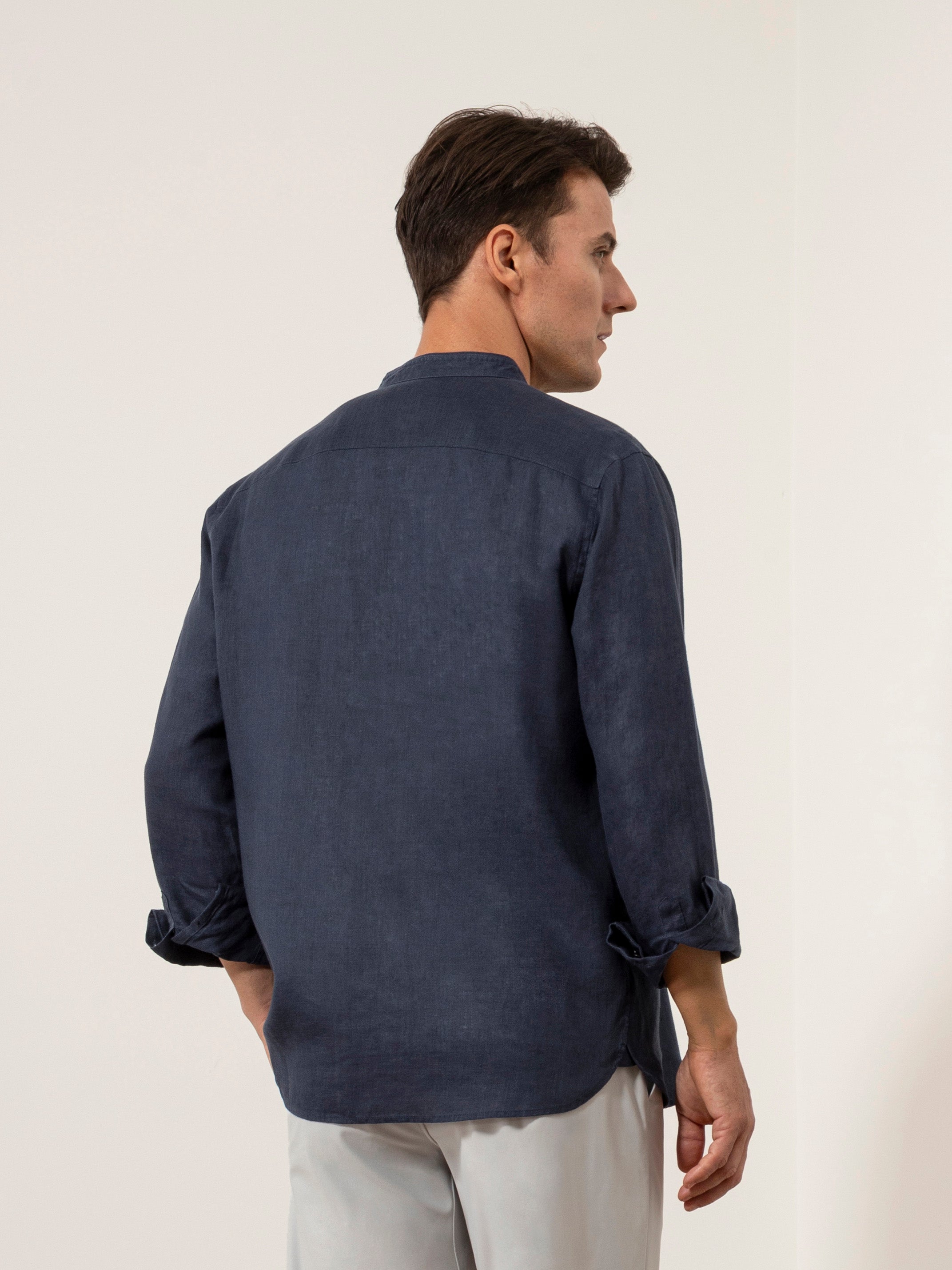 Dk Navy Aleks Linen Shirt Mens Band Collar Linen Button Up Dress Shirt 