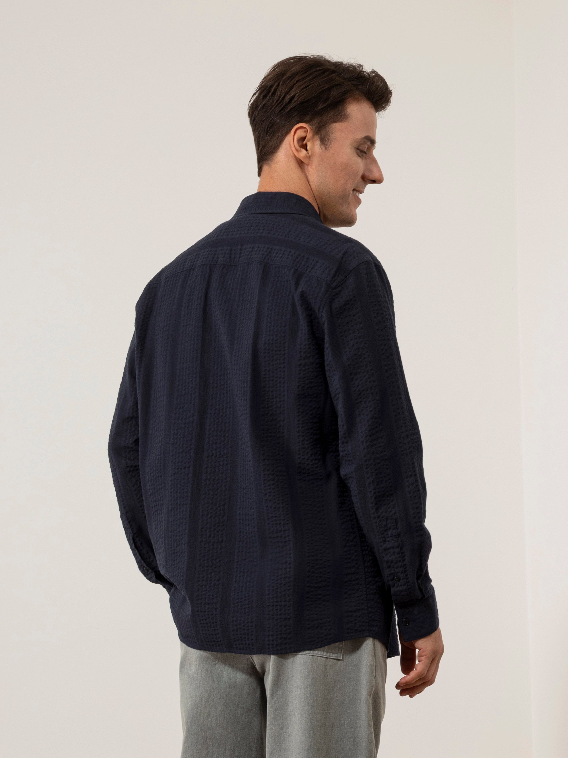 Dk Navy Varick Dobby Stripe Overshirt Mens Button Up Woven Shirt Seersucker Fabric Collared Shirt 