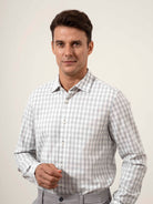 Bright White/Lt Grey Check Adrian Gingham Check Shirt Mens Spread Collar Checkered Button Up Woven Dress Shirt 