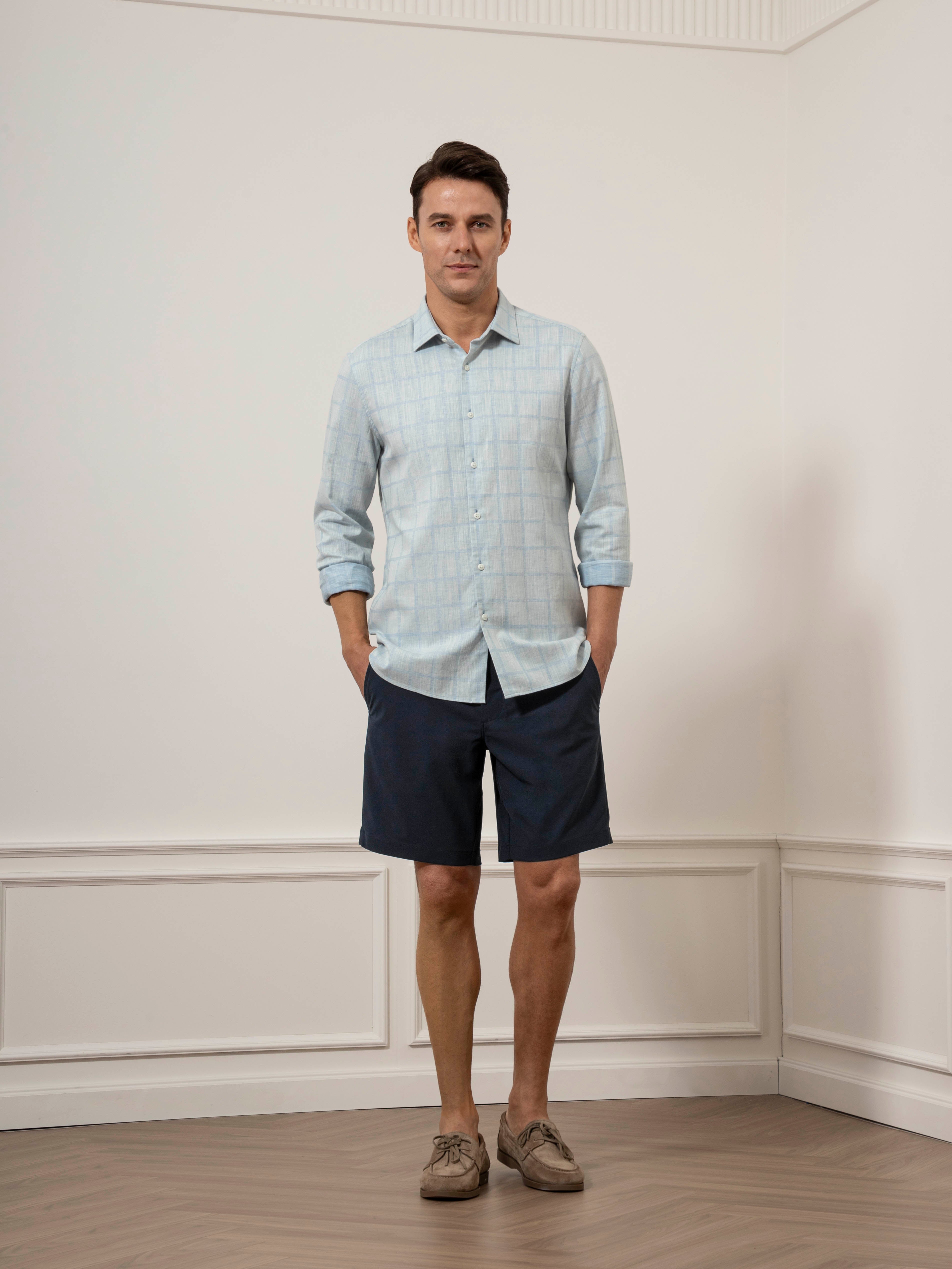 Cloudy Blue/Lt Blue Check Adrian Windowpane Shirt Mens Spread Collar Checkered Button Up Dress Shirt 