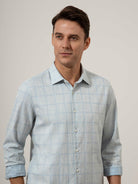 Cloudy Blue/Lt Blue Check Adrian Windowpane Shirt Mens Spread Collar Checkered Button Up Dress Shirt 
