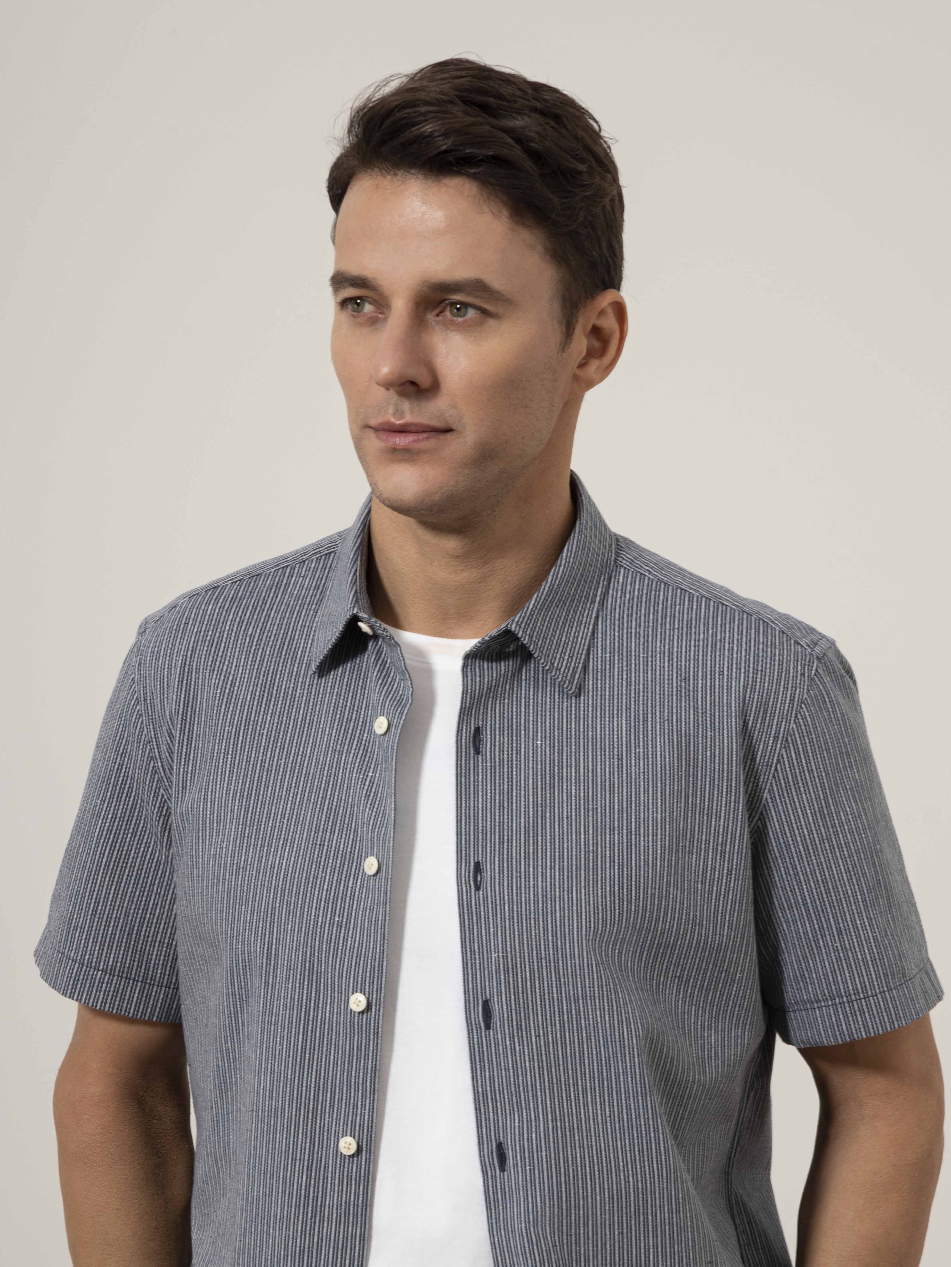 Navy/Bright White Stripe Arik Pencil Stripe Shirt Mens Button Up Short Sleeve Striped Woven Shirt ONS Clothing 