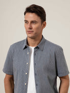 Navy/Bright White Stripe Arik Pencil Stripe Shirt Mens Button Up Short Sleeve Striped Woven Shirt ONS Clothing 