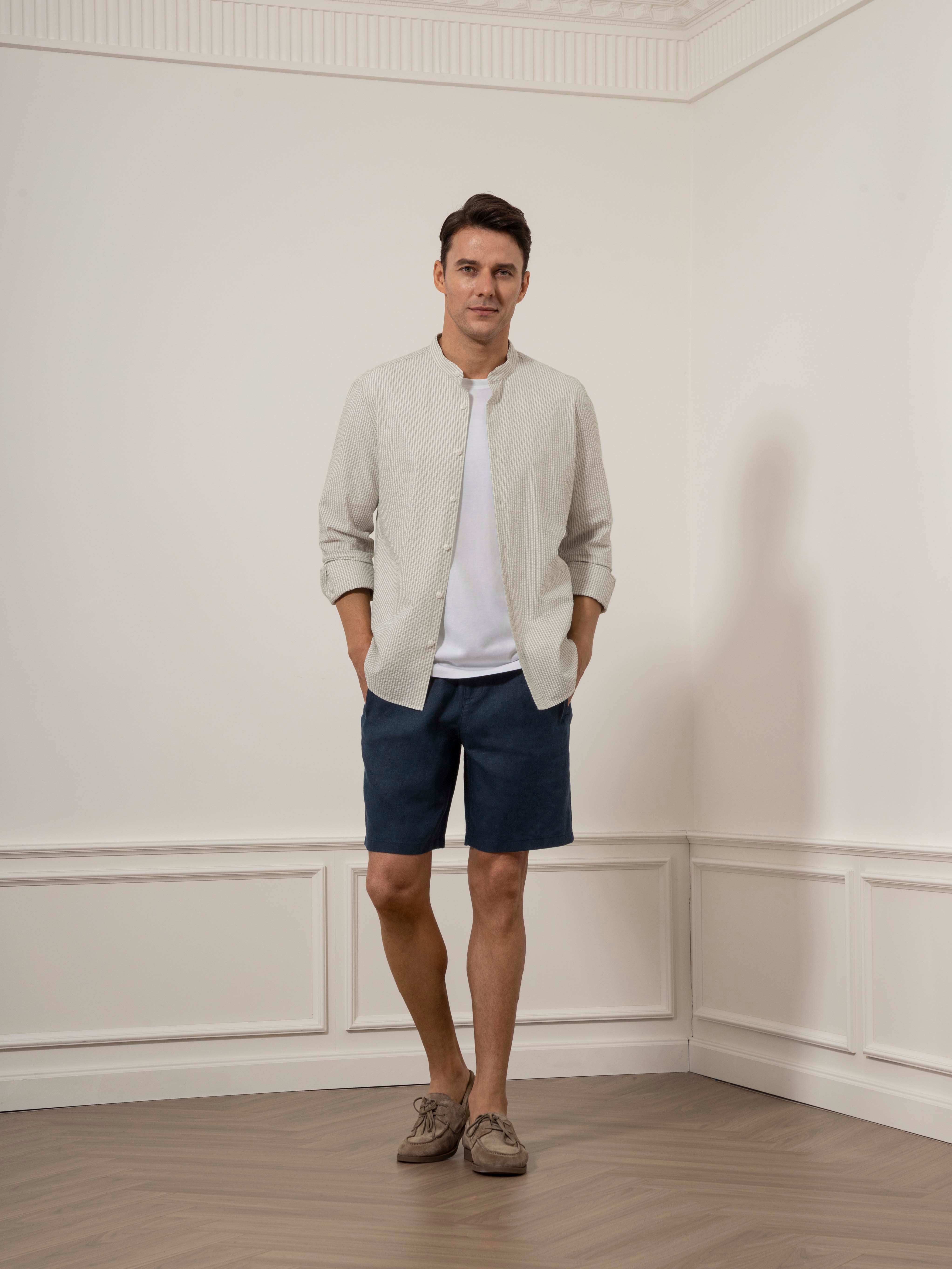 Off White/Grey Stripe Aleks Seersucker Stripe Shirt Mens Band Collar Seersucker Striped Shirt ONS Clothing