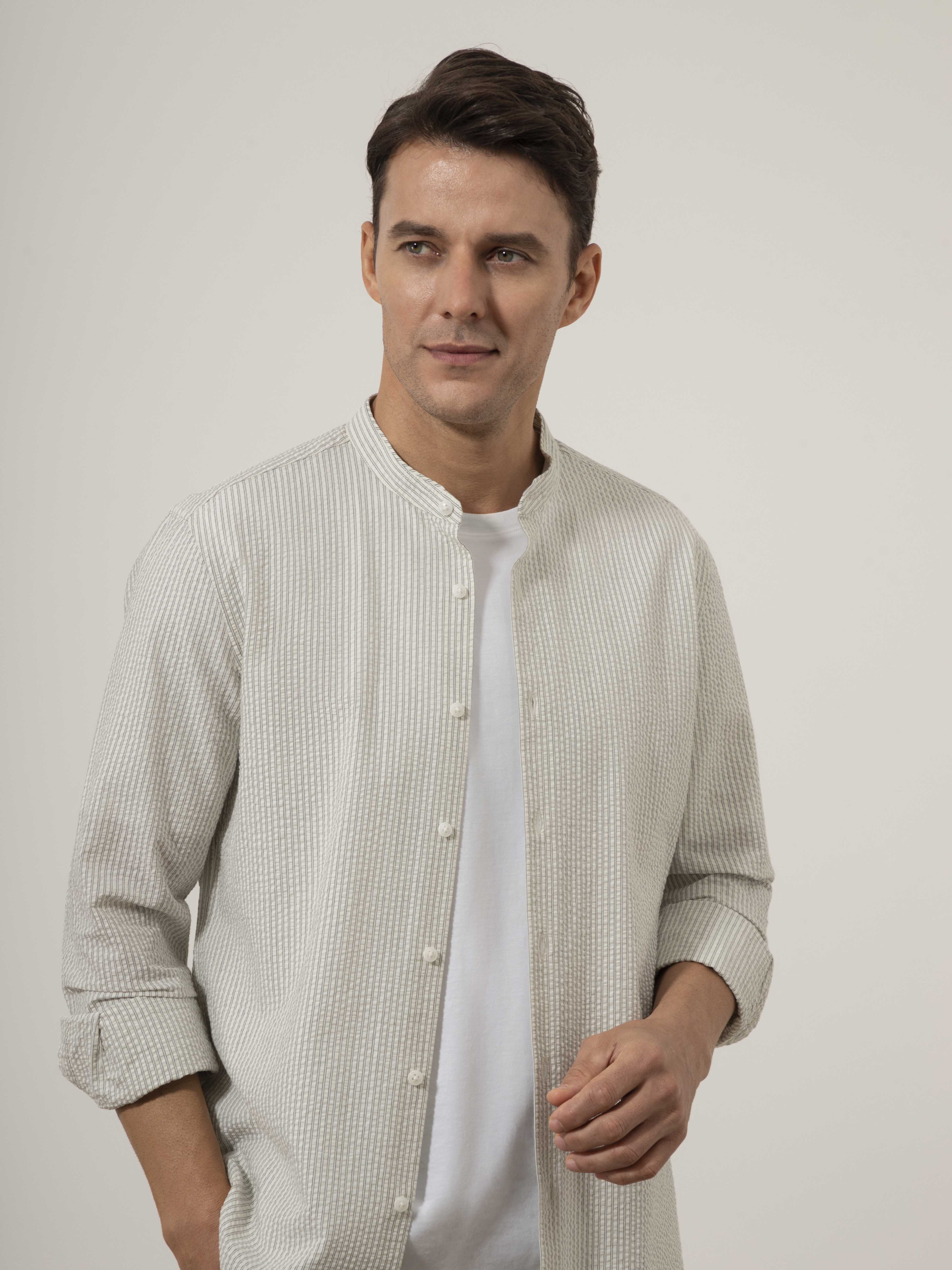 Off White/Grey Stripe Aleks Seersucker Stripe Shirt Mens Band Collar Seersucker Striped Shirt ONS Clothing