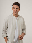 Off White/Grey Stripe Aleks Seersucker Stripe Shirt Mens Band Collar Seersucker Striped Shirt ONS Clothing