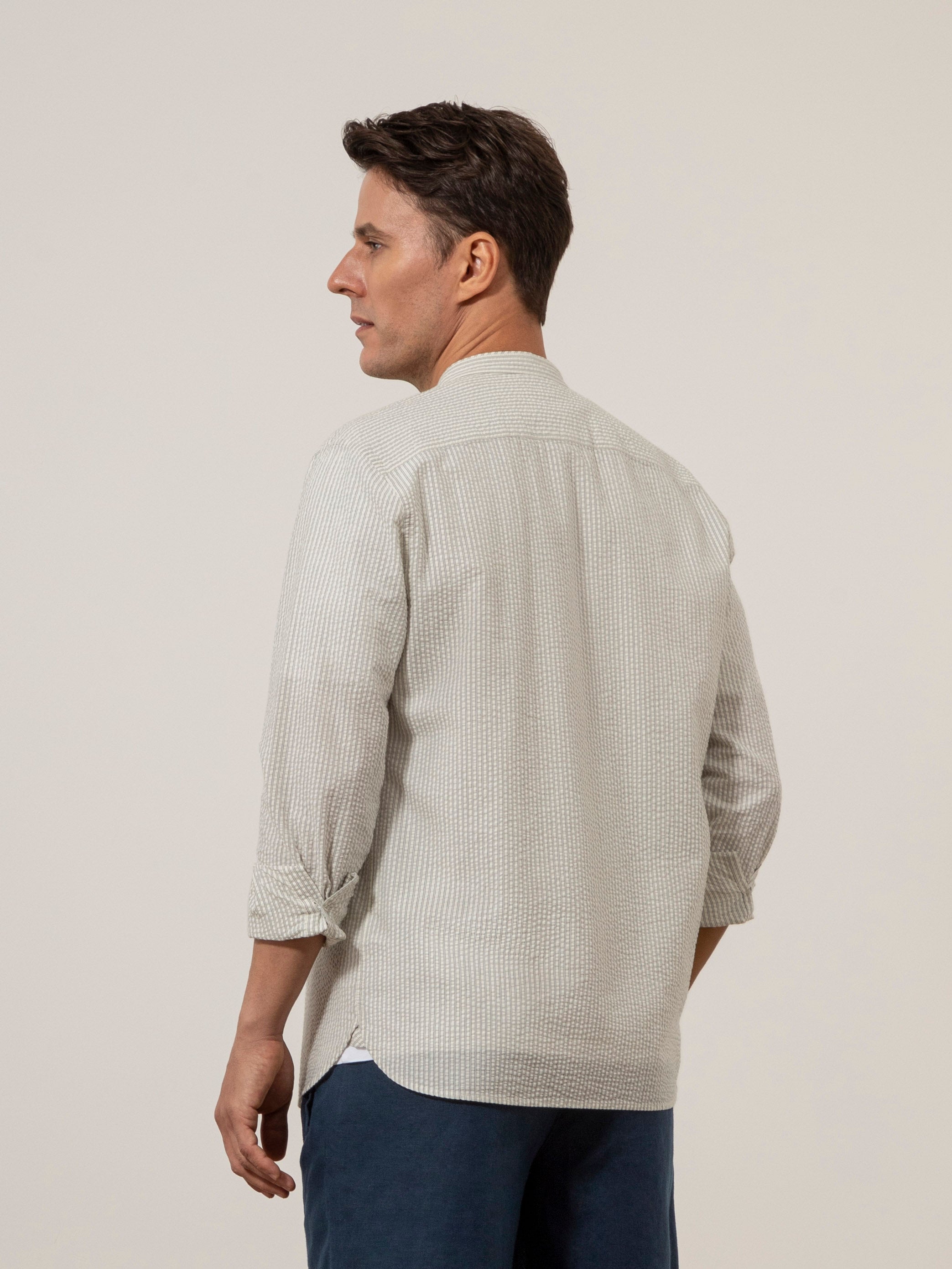 Off White/Grey Stripe Aleks Seersucker Stripe Shirt Mens Band Collar Seersucker Striped Shirt ONS Clothing