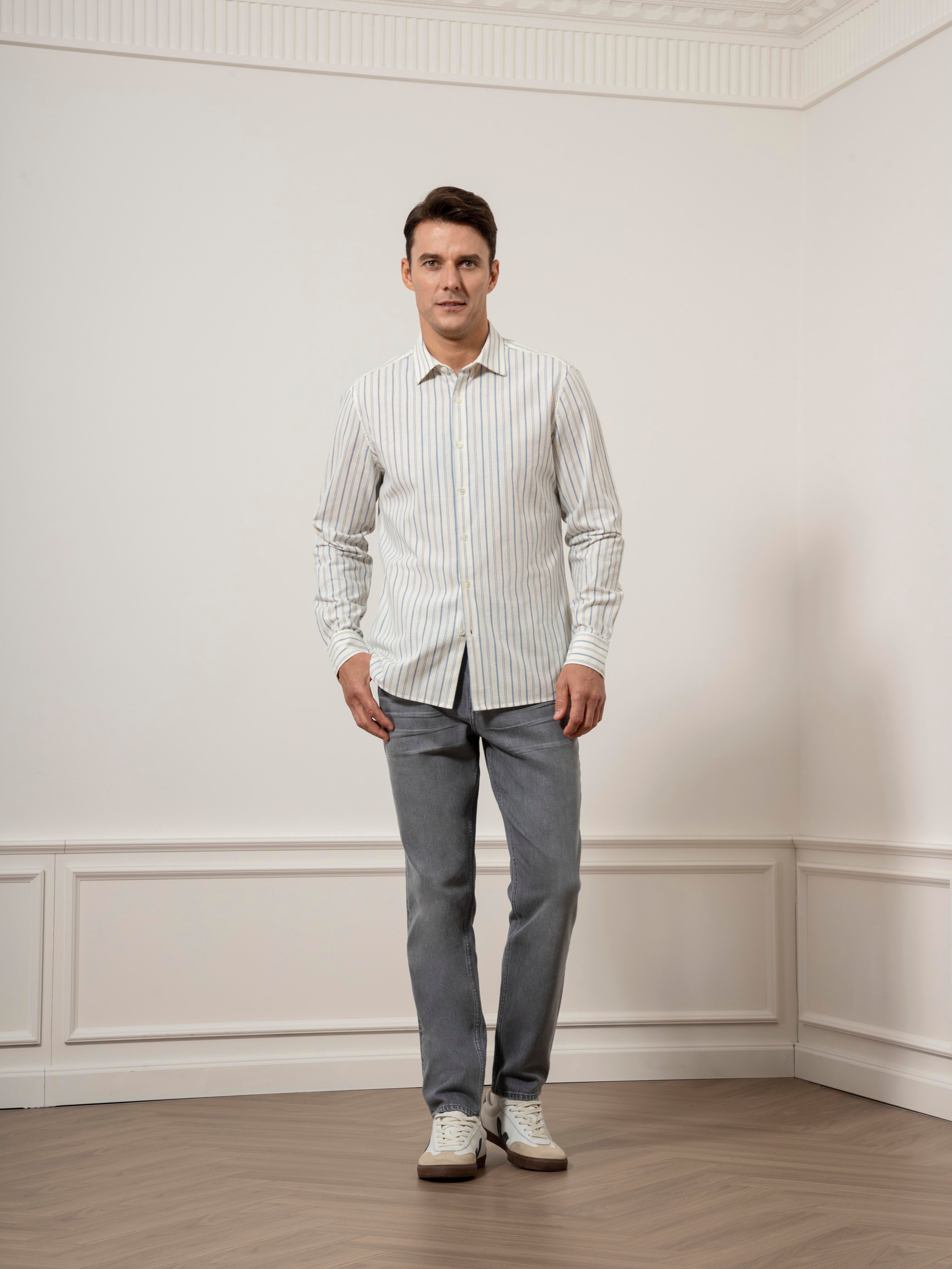 Off White/Blue Stripe Adrian Preppy Stripe Shirt Mens Striped Button Up Shirt Casual Work Shirt Point Collar Button Up Shirt 