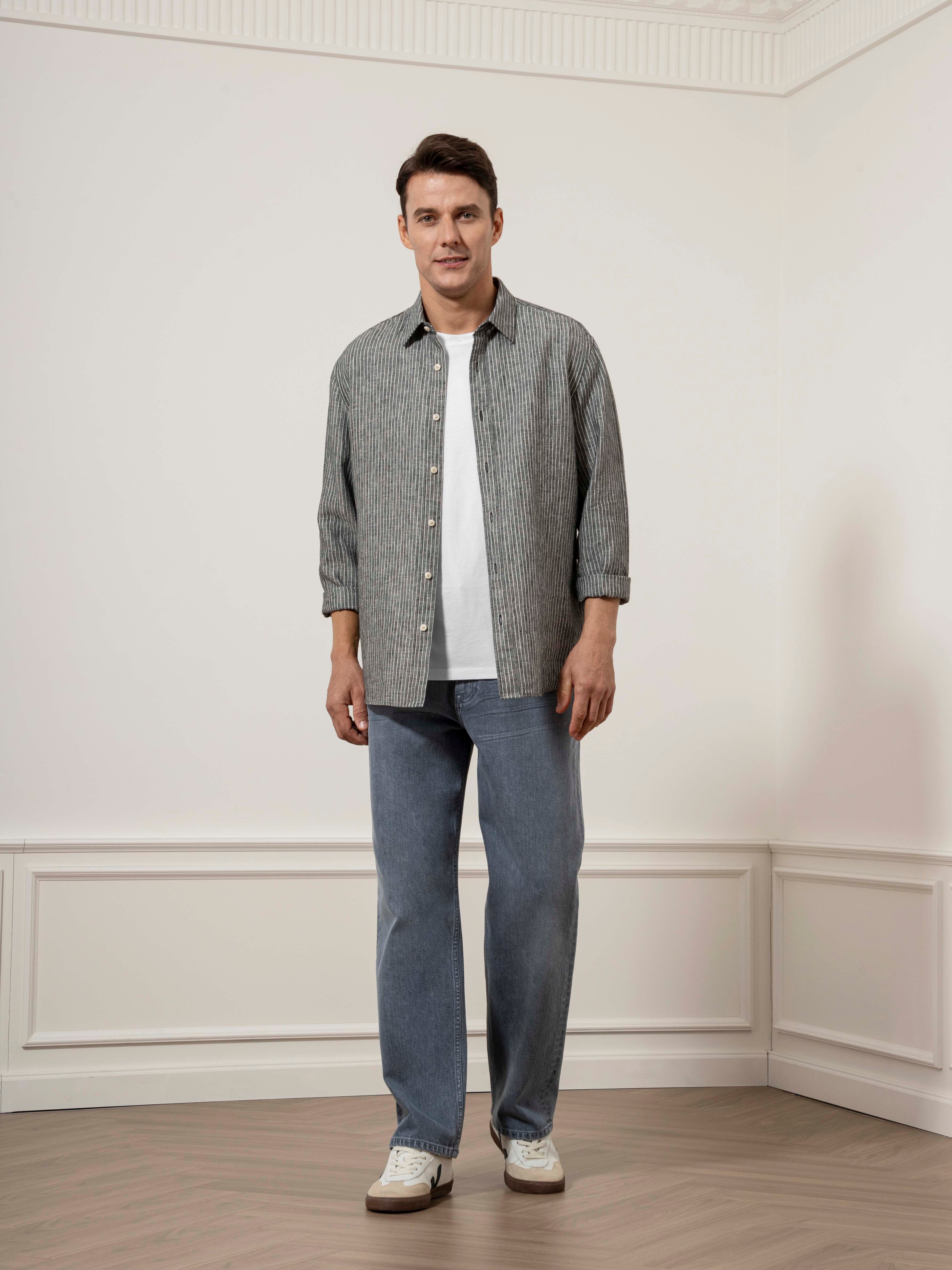 Grey/White Stripe Varick Pinstripe Overshirt Mens Button Up Overshirt Pinstripe Pattern Point Collar Button Closure Mens Dress Shirt 