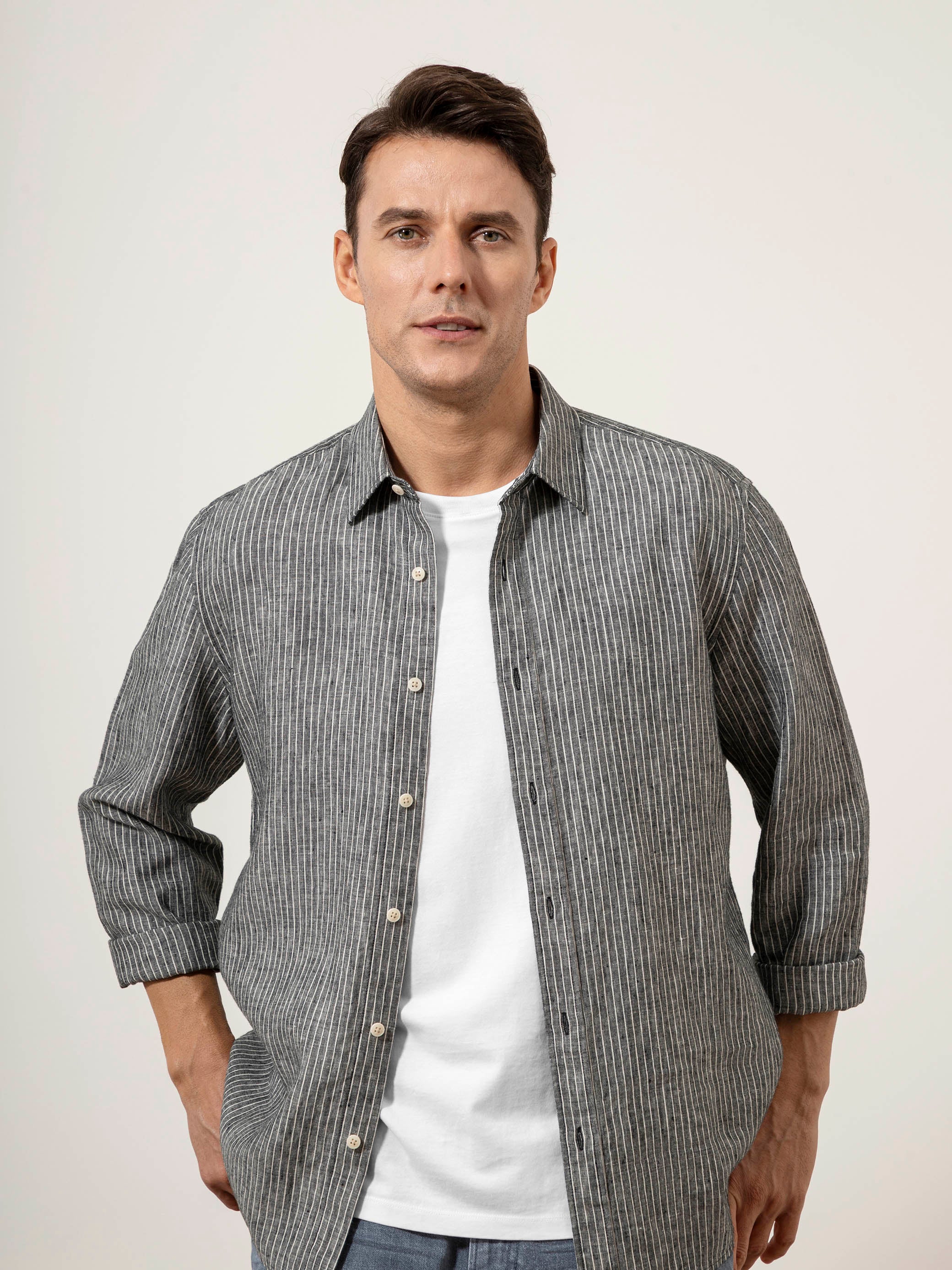 Grey/White Stripe Varick Pinstripe Overshirt Mens Button Up Overshirt Pinstripe Pattern Point Collar Button Closure Mens Dress Shirt 