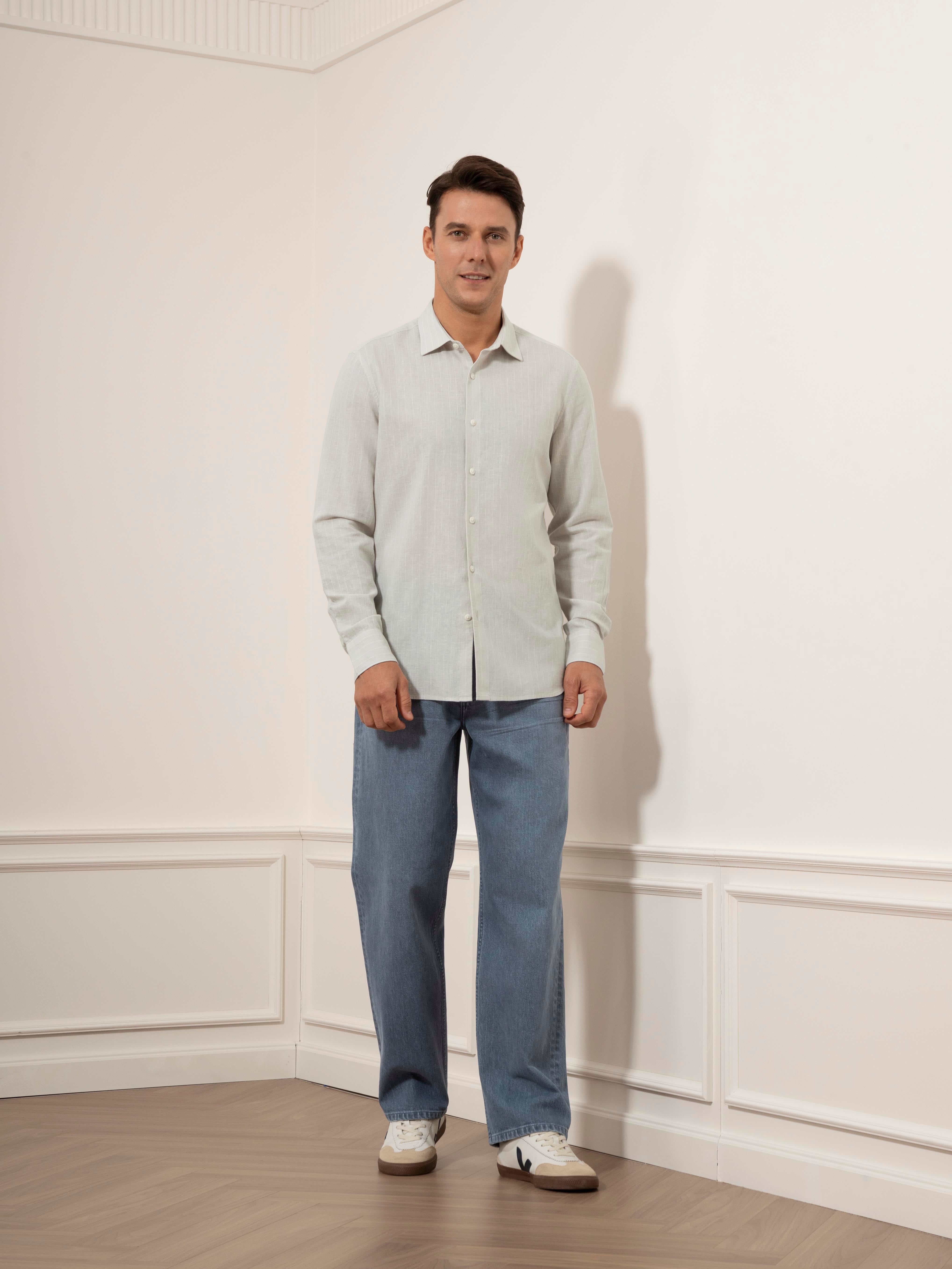 Lt Grey/White Stripe Adrian Pinstripe ShirtMens Spread Collar Woven Striped Shirt ONS Clothing