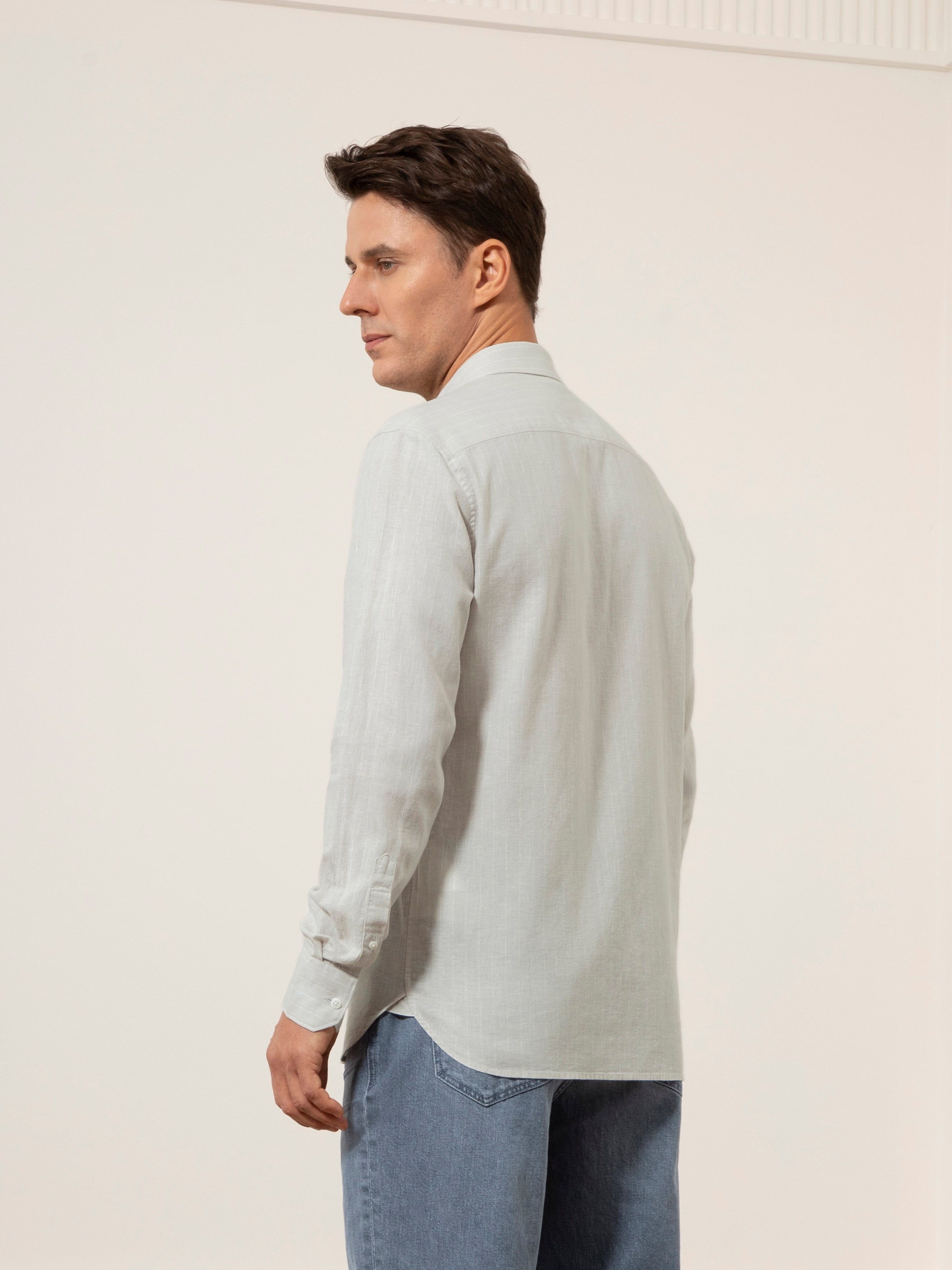Lt Grey/White Stripe Adrian Pinstripe ShirtMens Spread Collar Woven Striped Shirt ONS Clothing