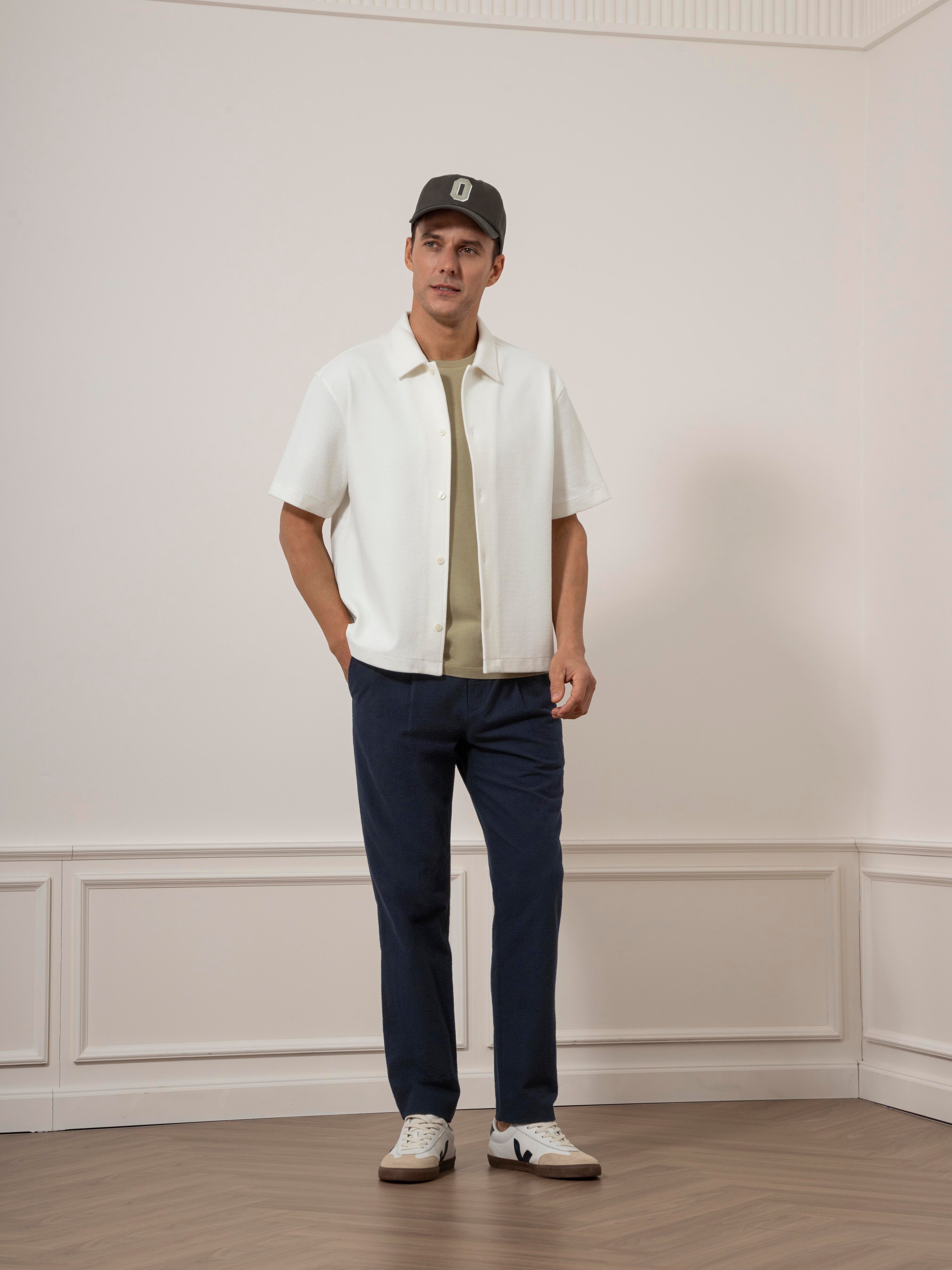 Cream Duffy Textured Knit Shirt Mens Relaxed Fit Button Up Collared Shirt Short Sleeve ONS Clothing 