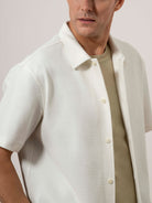 Cream Duffy Textured Knit Shirt Mens Relaxed Fit Button Up Collared Shirt Short Sleeve ONS Clothing 