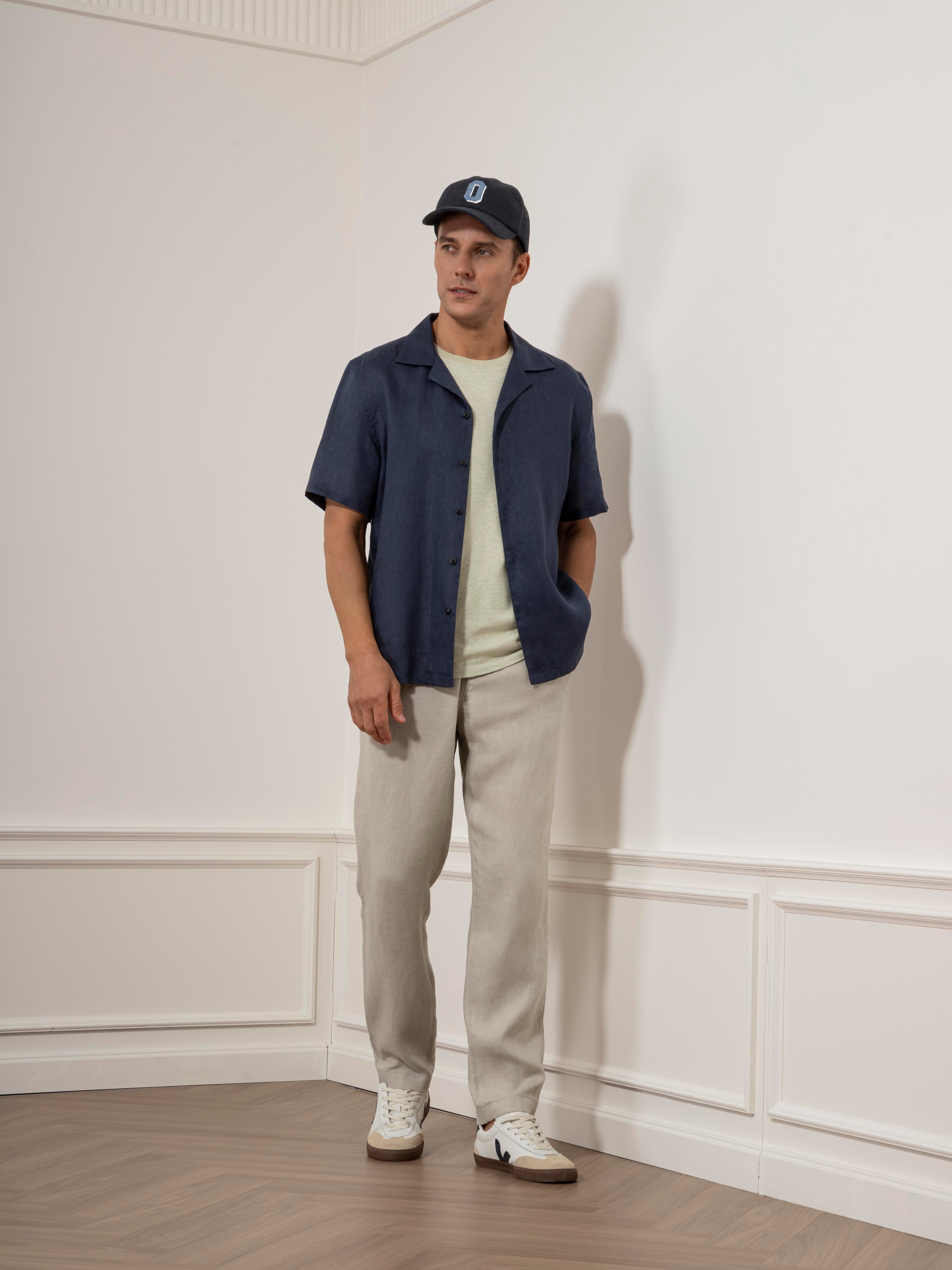 Dk Navy Rockaway Linen Shirt Mens Camp Collar Navy Shirt Short Sleeve ONS Clothing 