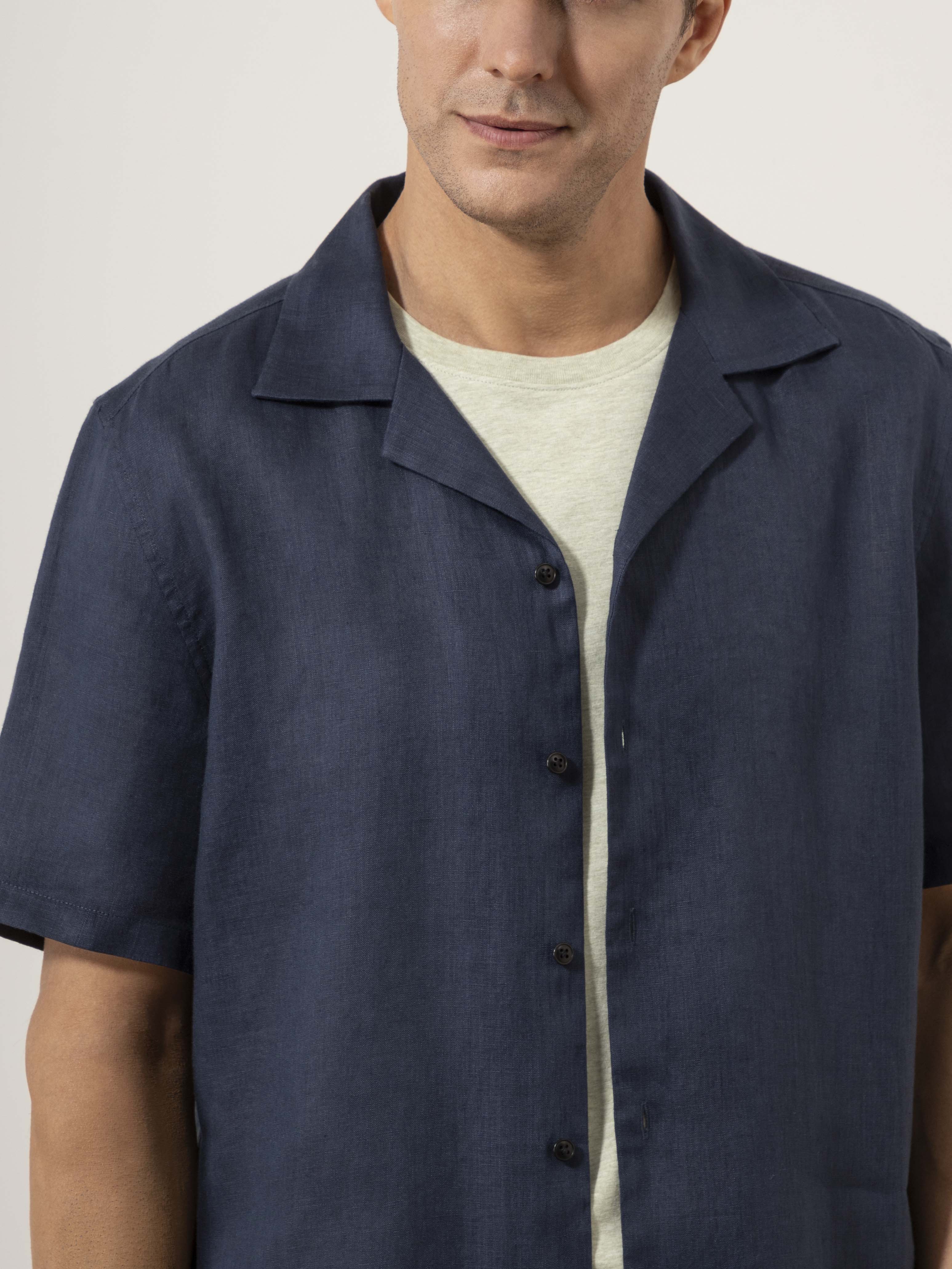 Dk Navy Rockaway Linen Shirt Mens Camp Collar Navy Shirt Short Sleeve ONS Clothing 