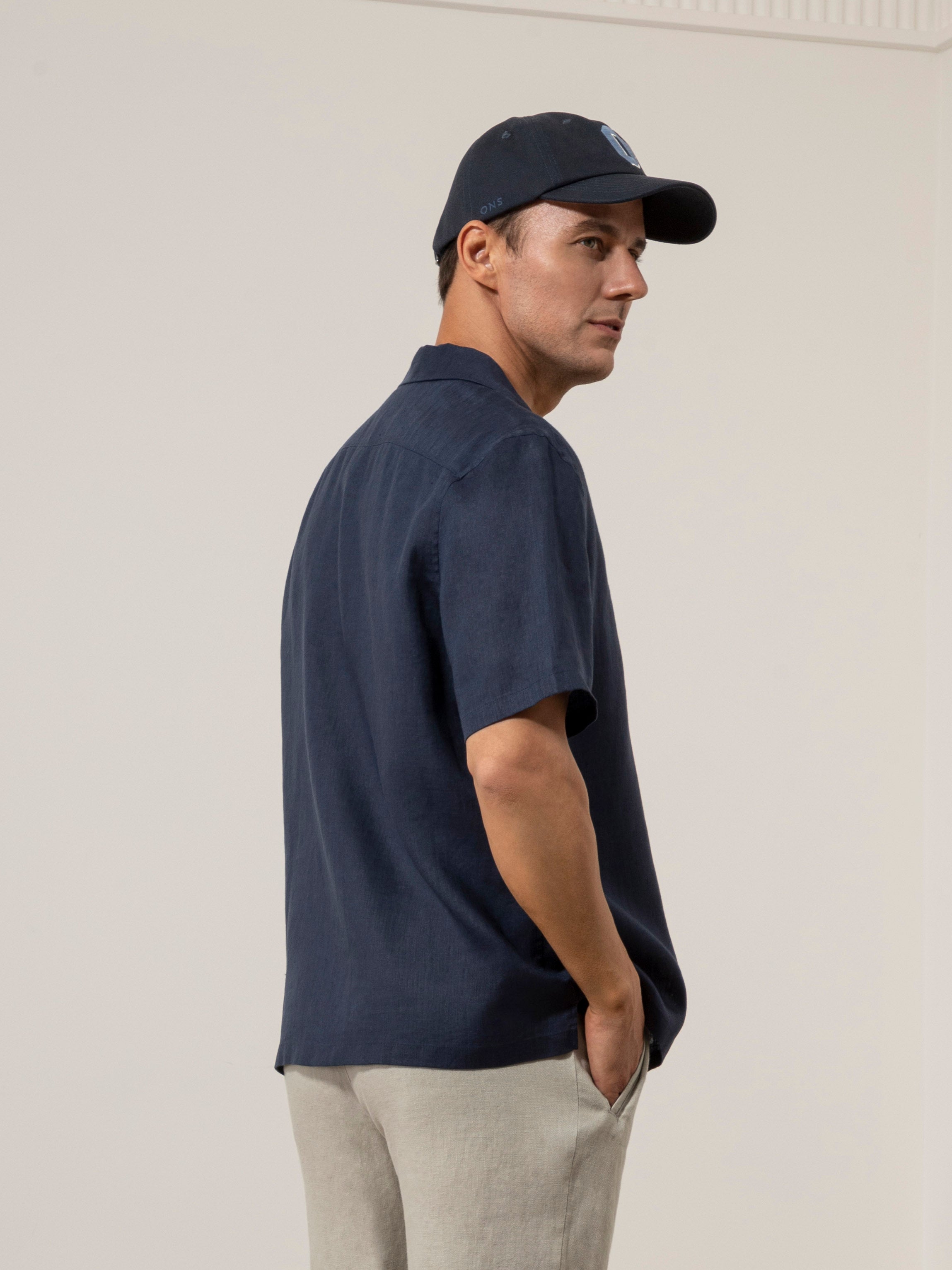 Dk Navy Rockaway Linen Shirt Mens Camp Collar Navy Shirt Short Sleeve ONS Clothing 