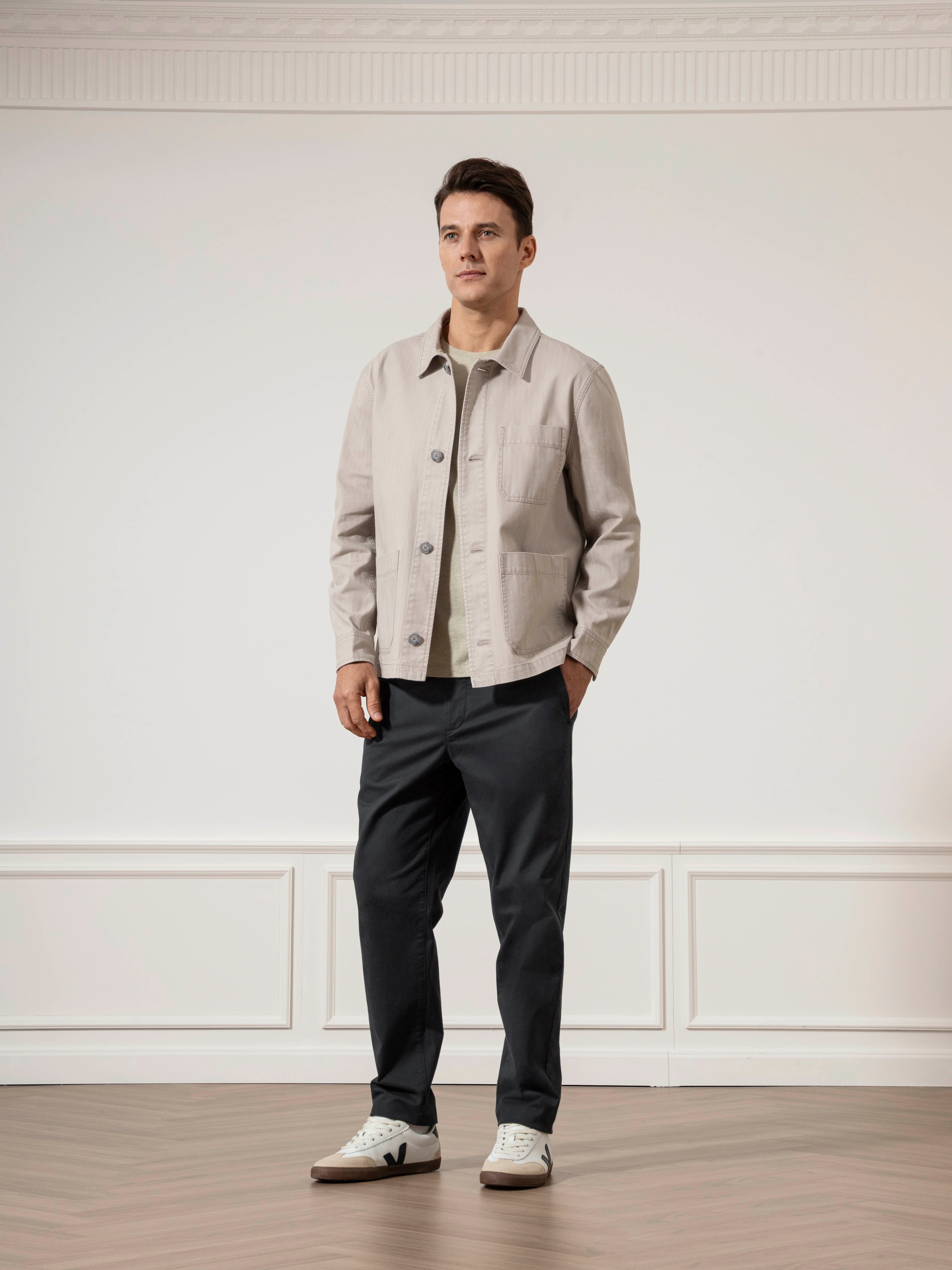 Grey Remi Herringbone Cotton Jacket Mens Button Up Chore Jacket Mens Collared Layering Jacket 