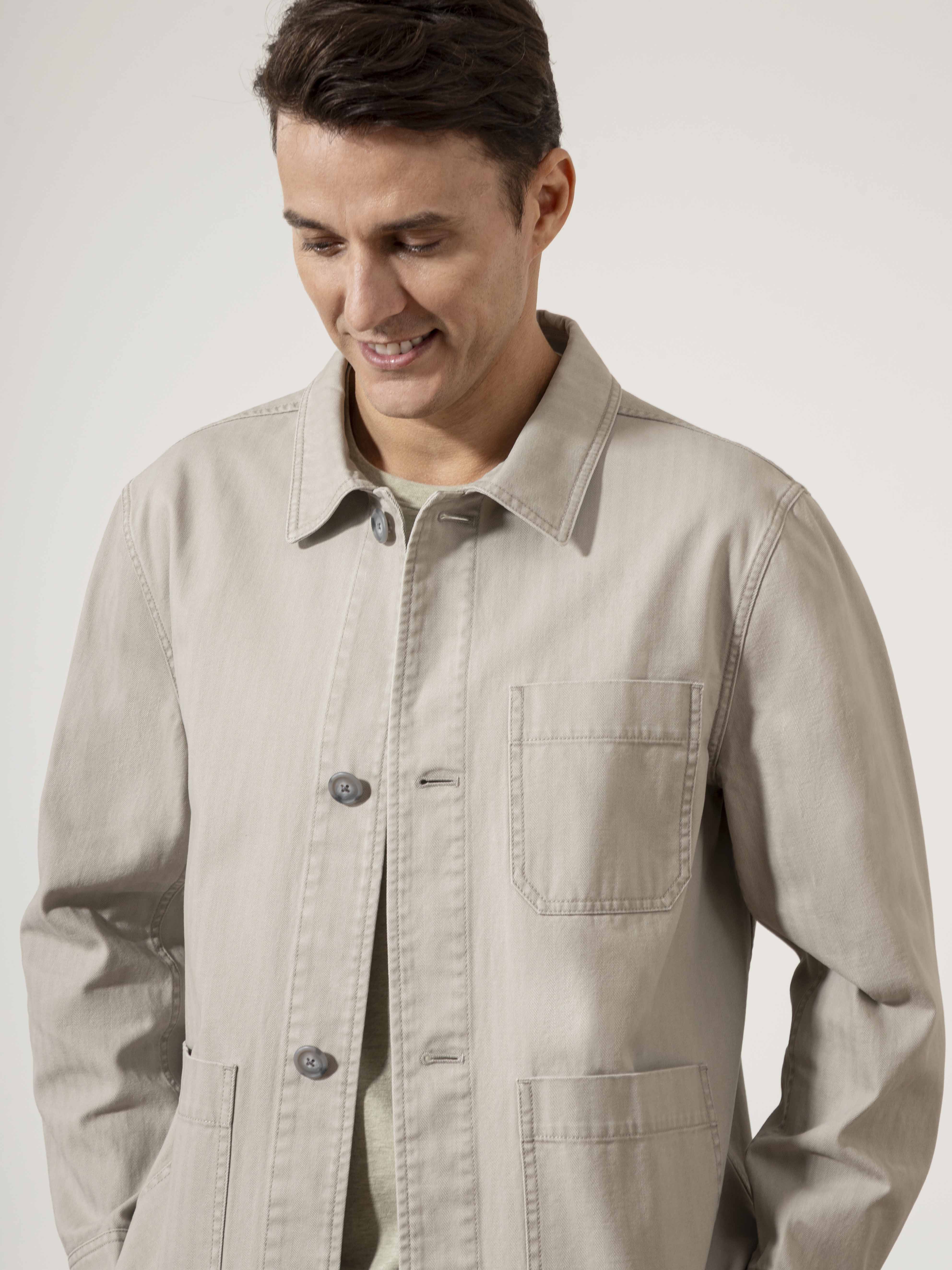 Grey Remi Herringbone Cotton Jacket Mens Button Up Chore Jacket Mens Collared Layering Jacket 