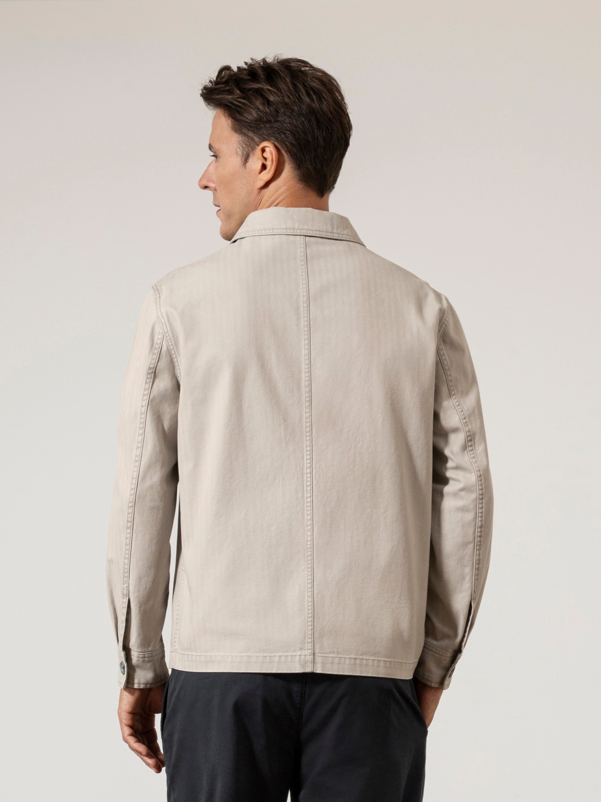Grey Remi Herringbone Cotton Jacket Mens Button Up Chore Jacket Mens Collared Layering Jacket 