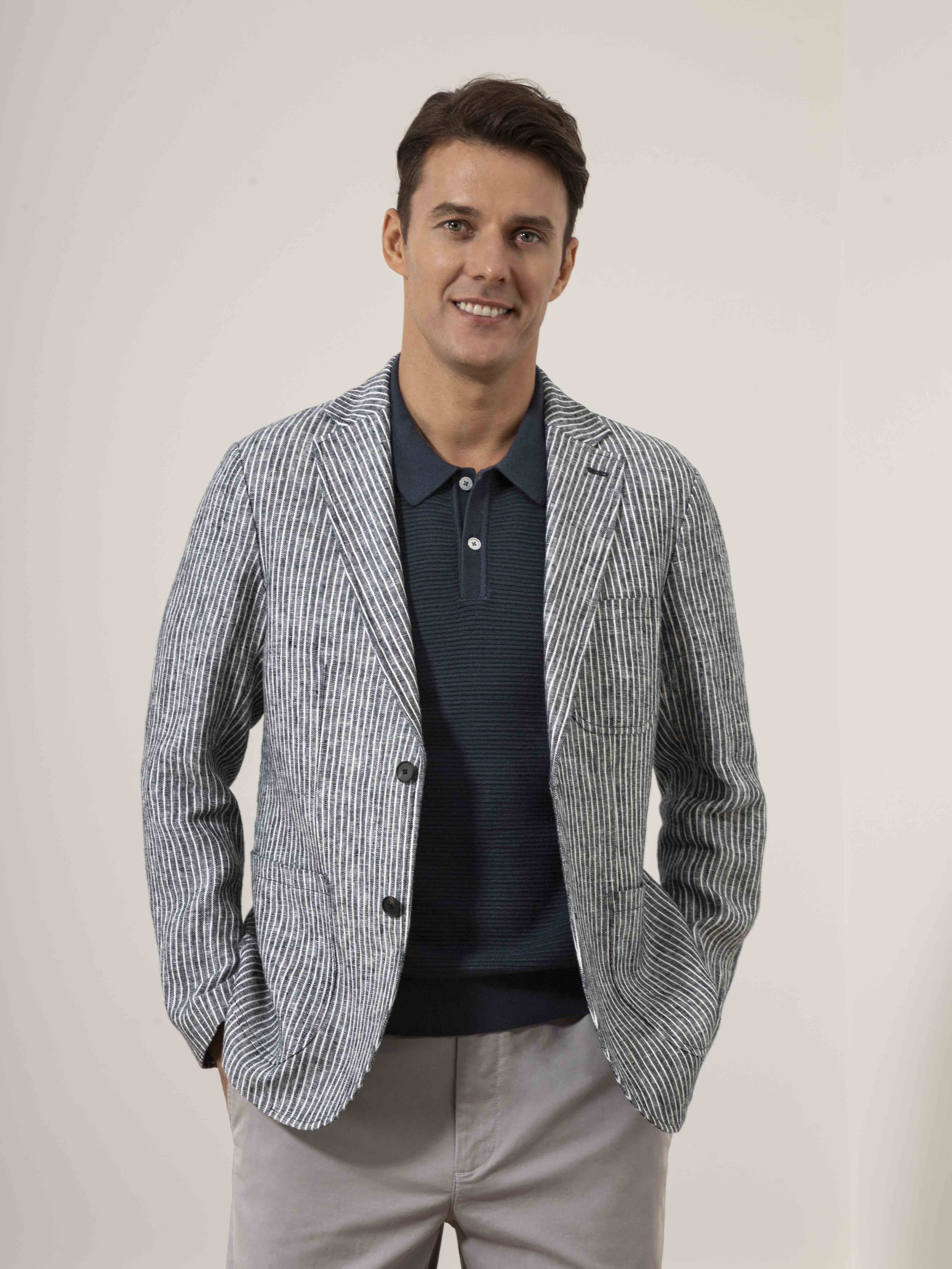 Grey/White Stripe Perry Linen Stripe Blazer Mens Linen Stripe Blazer ONS Clothing
