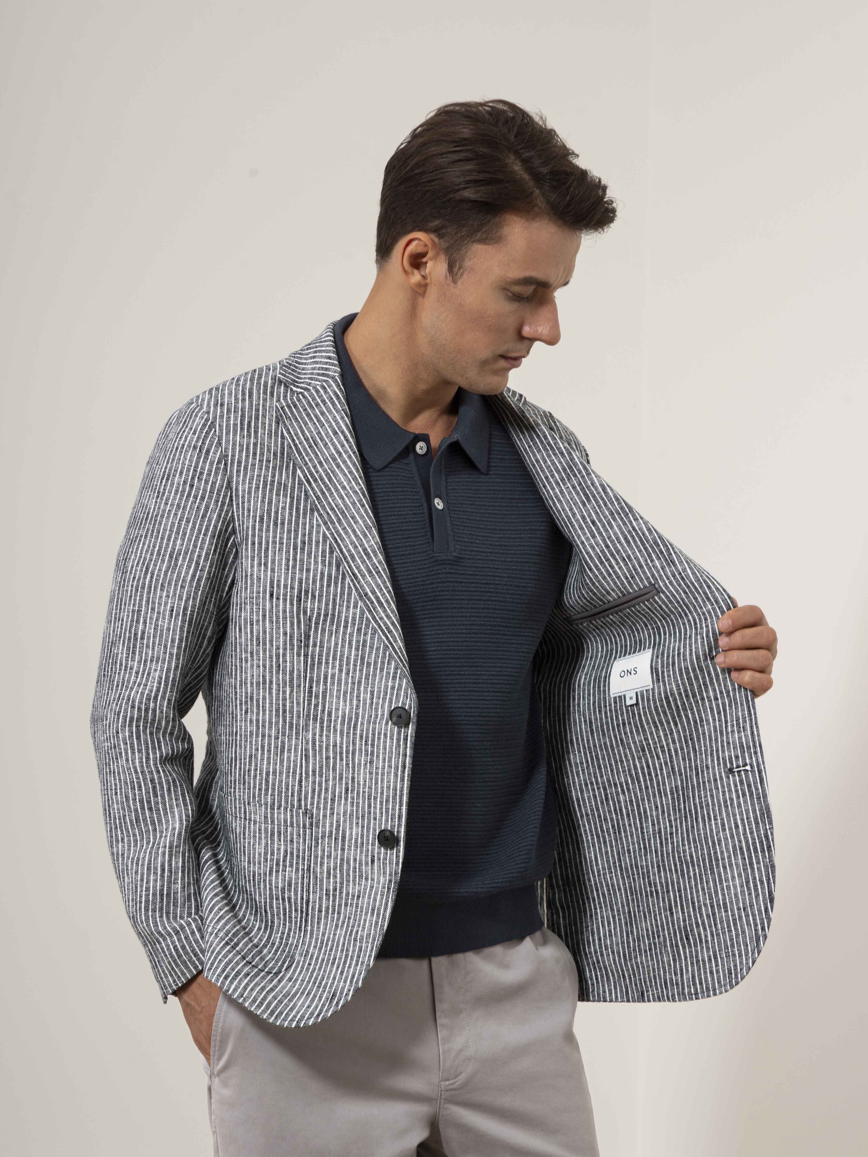 Grey/White Stripe Perry Linen Stripe Blazer Mens Linen Stripe Blazer ONS Clothing