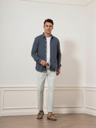 Iron Blue Darcy Ribbed Knit Shirt Mens Knitted Button Up Dress Shirt Mens Casual Long Sleeve Shirt Point Collar