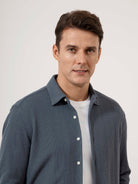 Iron Blue Darcy Ribbed Knit Shirt Mens Knitted Button Up Dress Shirt Mens Casual Long Sleeve Shirt Point Collar