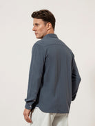 Iron Blue Darcy Ribbed Knit Shirt Mens Knitted Button Up Dress Shirt Mens Casual Long Sleeve Shirt Point Collar