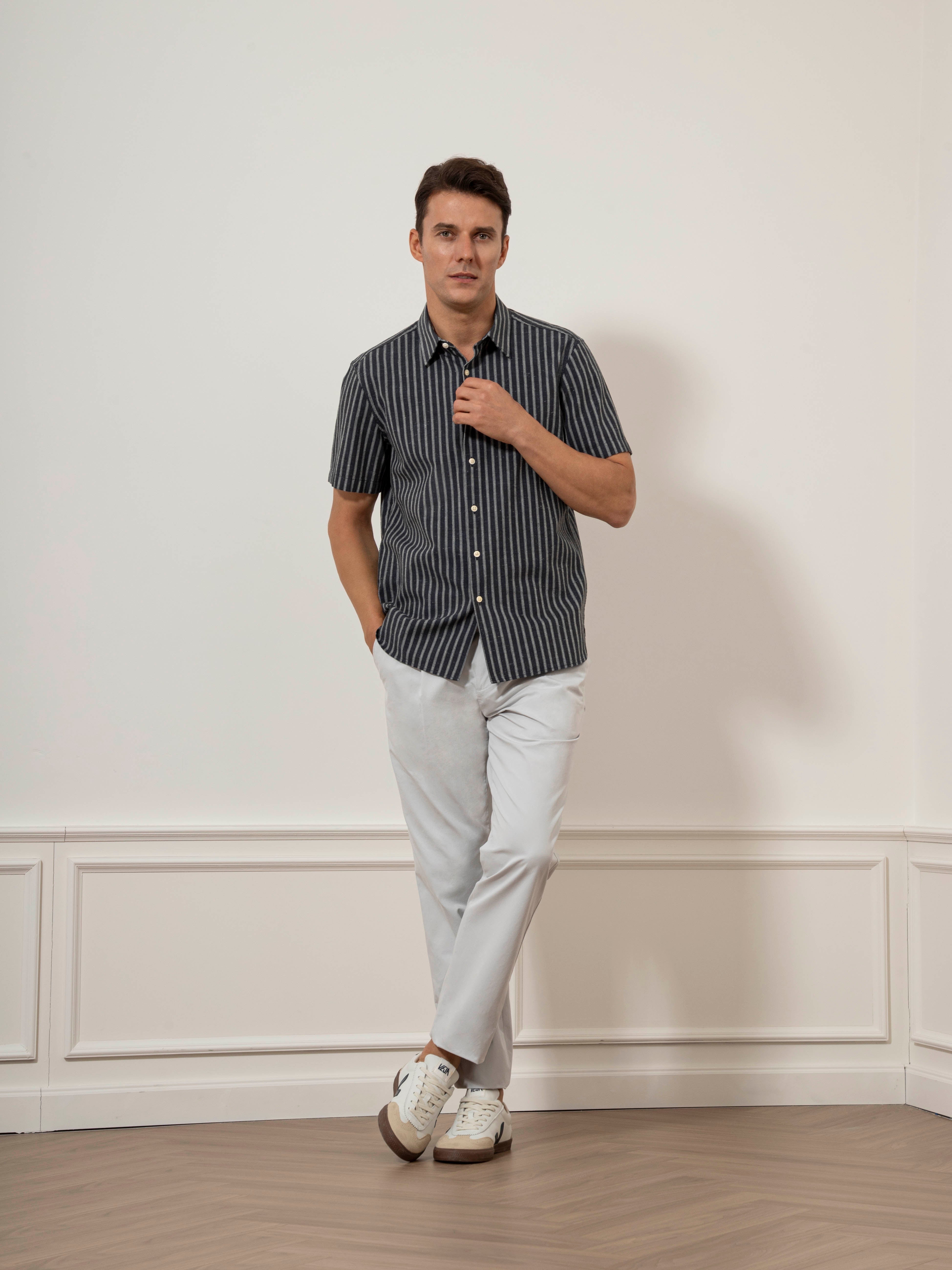Navy/Bright White Stripe Arik Chalk Stripe Shirt Mens Striped Short Sleeve Button Up Shirt 