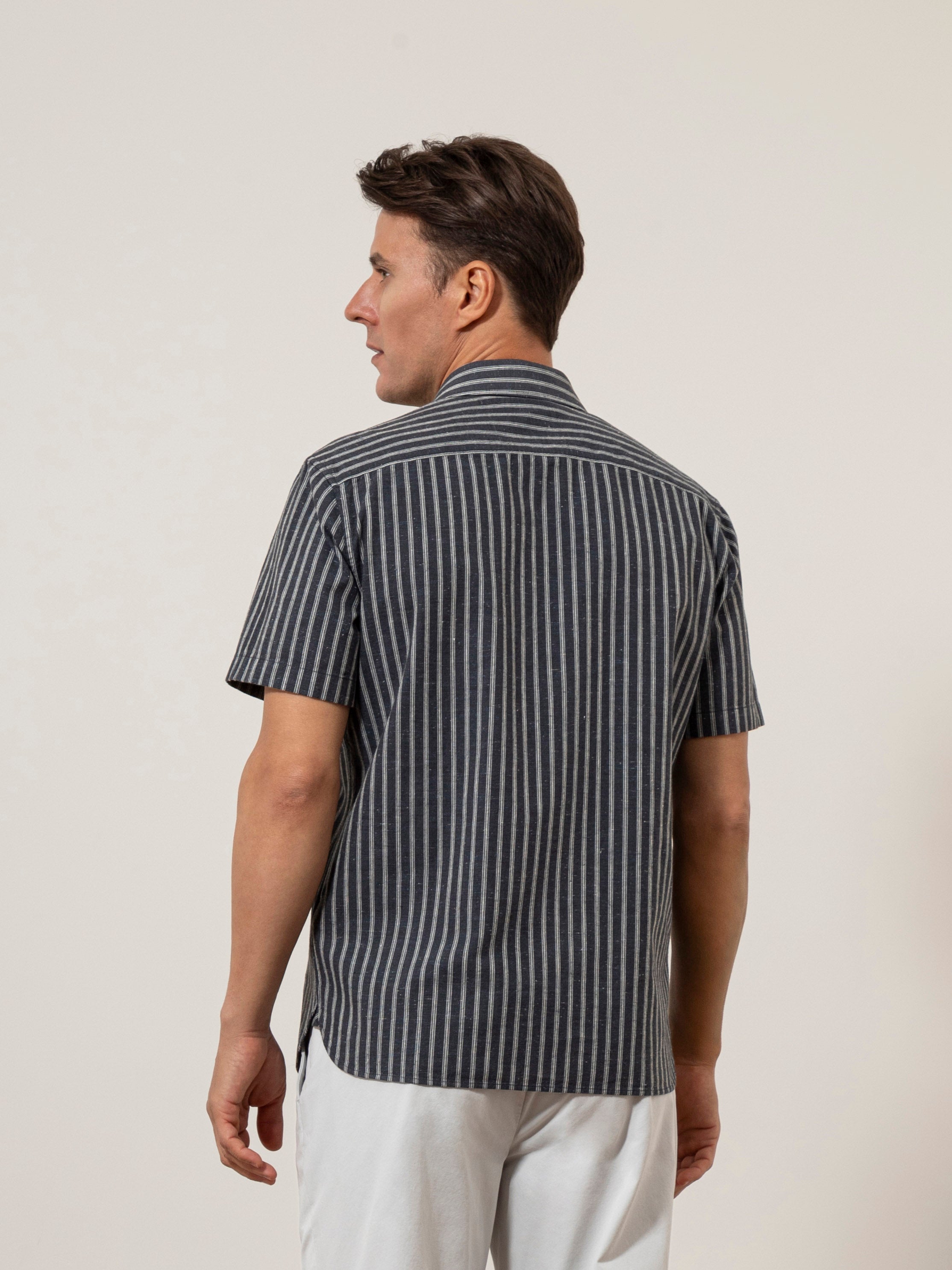 Navy/Bright White Stripe Arik Chalk Stripe Shirt Mens Striped Short Sleeve Button Up Shirt 
