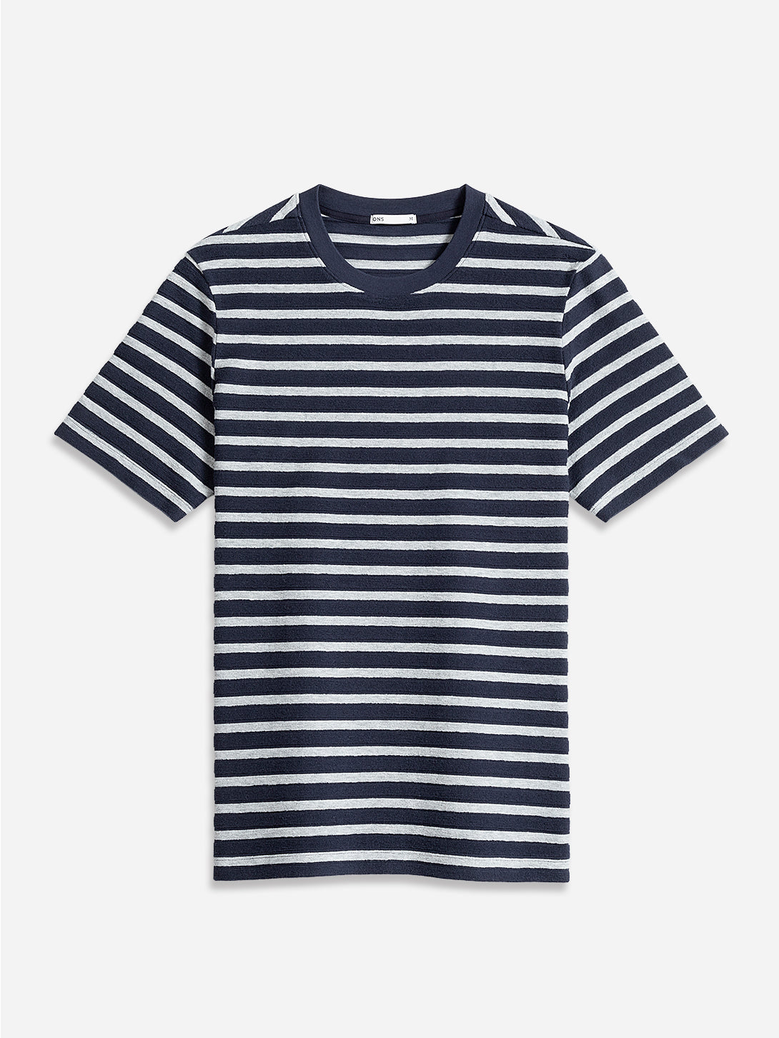 Navy/Grey Heather Stripe Alphabet Sculpted Stripe Tee Mens Crewneck T Shirt Heather Cotton Short Sleeve ONS Clothing 