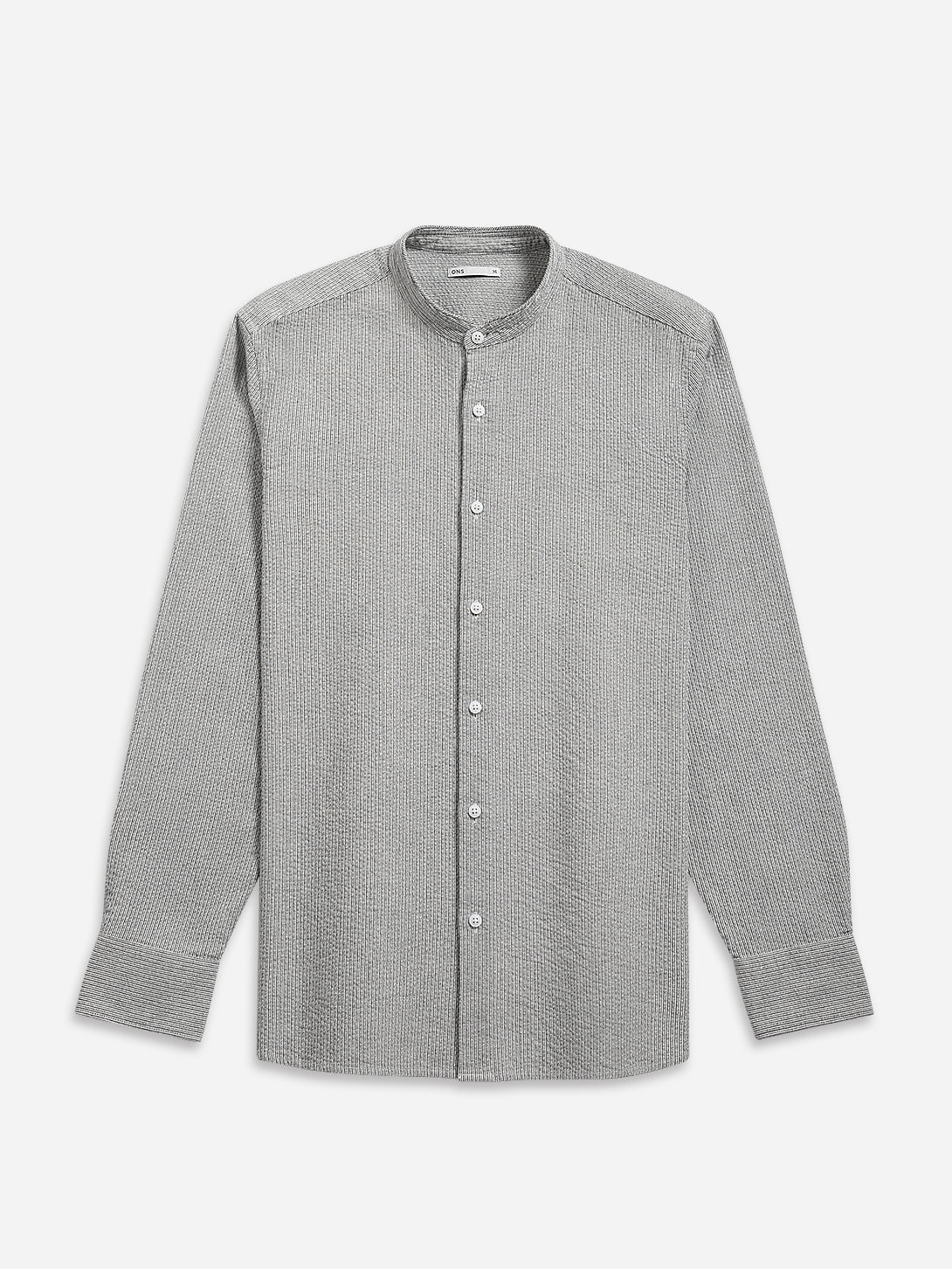 Bright White/Black Stripe Aleks Seersucker Shirt Mens Band Collar Woven Shirt ONS Clothing