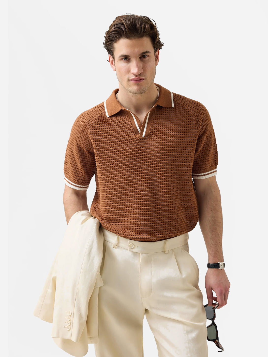 Brown Casa Martini Tennis Shirt Mens Open Polo Knitted Shirt Brown Polo Percival Clothing 