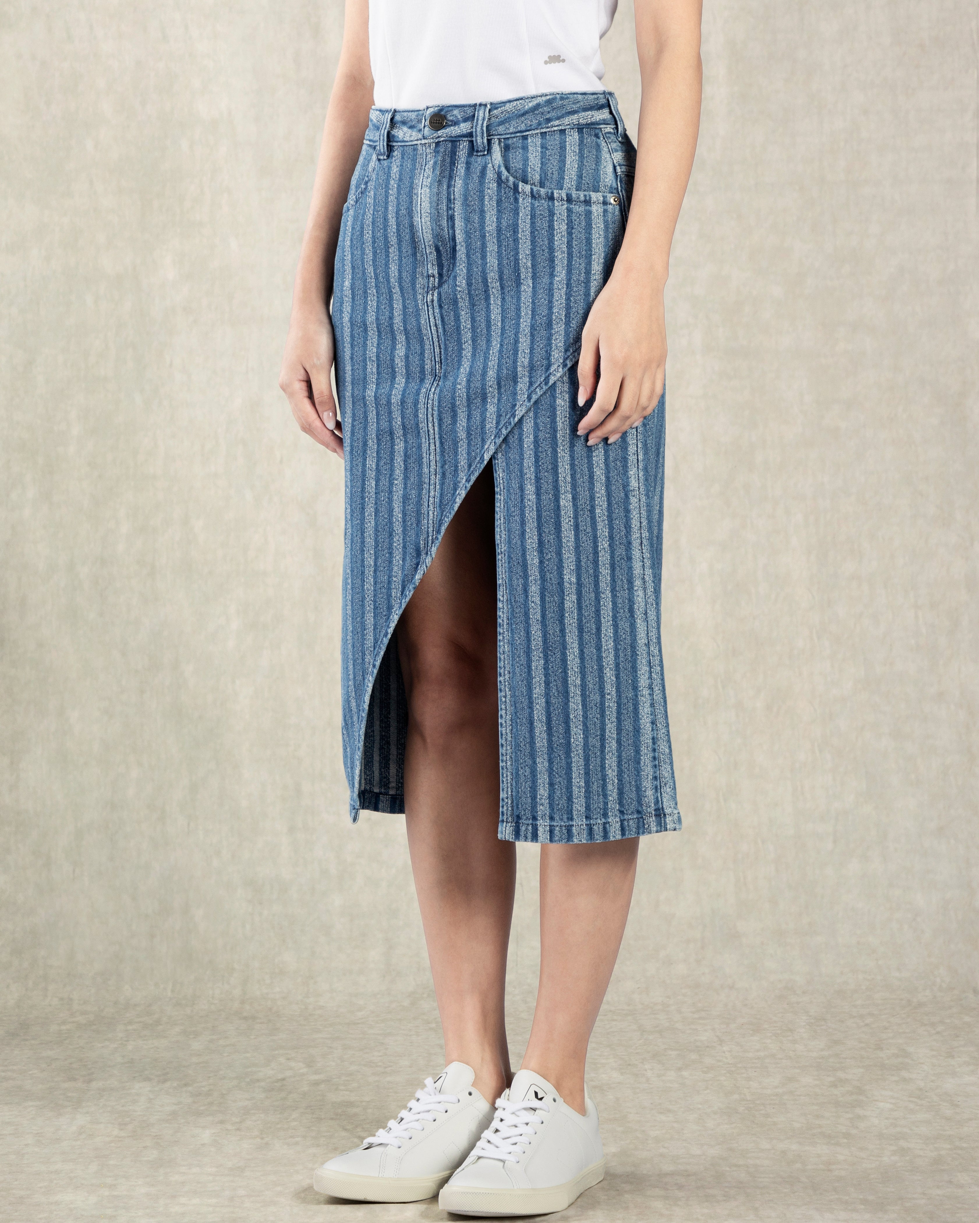 Mid Indigo Stripe Striped Denim Cutout Skirt Casual Blue Toned Skirt