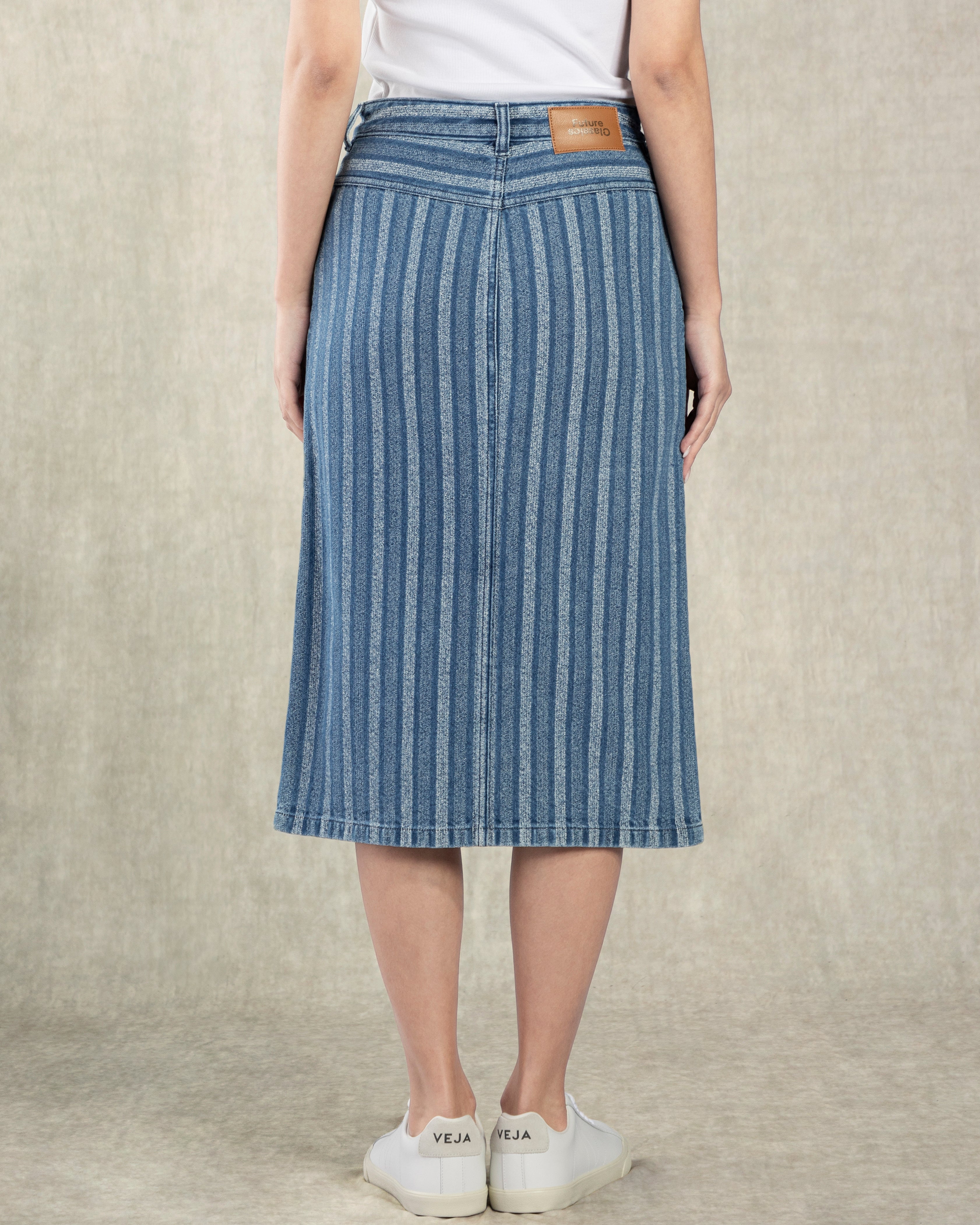 Mid Indigo Stripe Striped Denim Cutout Skirt Casual Blue Toned Skirt
